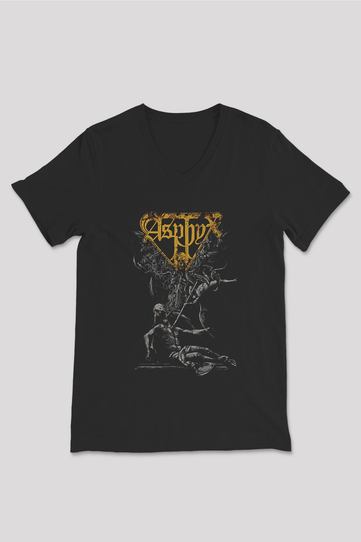 Asphyx Baskılı Unisex Siyah V Yaka Tişört - Tshirt