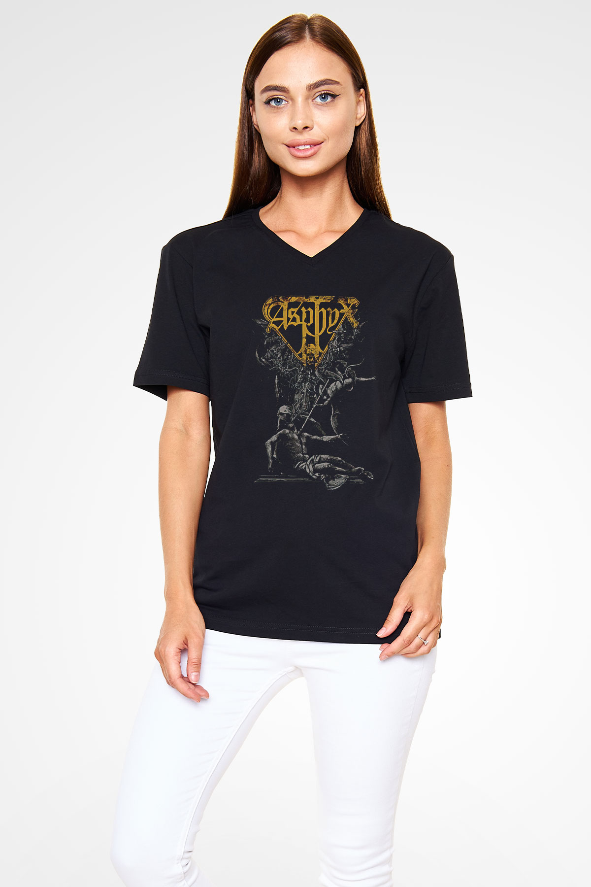 Asphyx Baskılı Unisex Siyah V Yaka Tişört - Tshirt