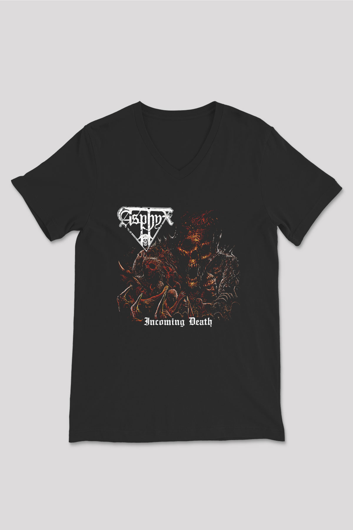 Asphyx Baskılı Unisex Siyah V Yaka Tişört - Tshirt
