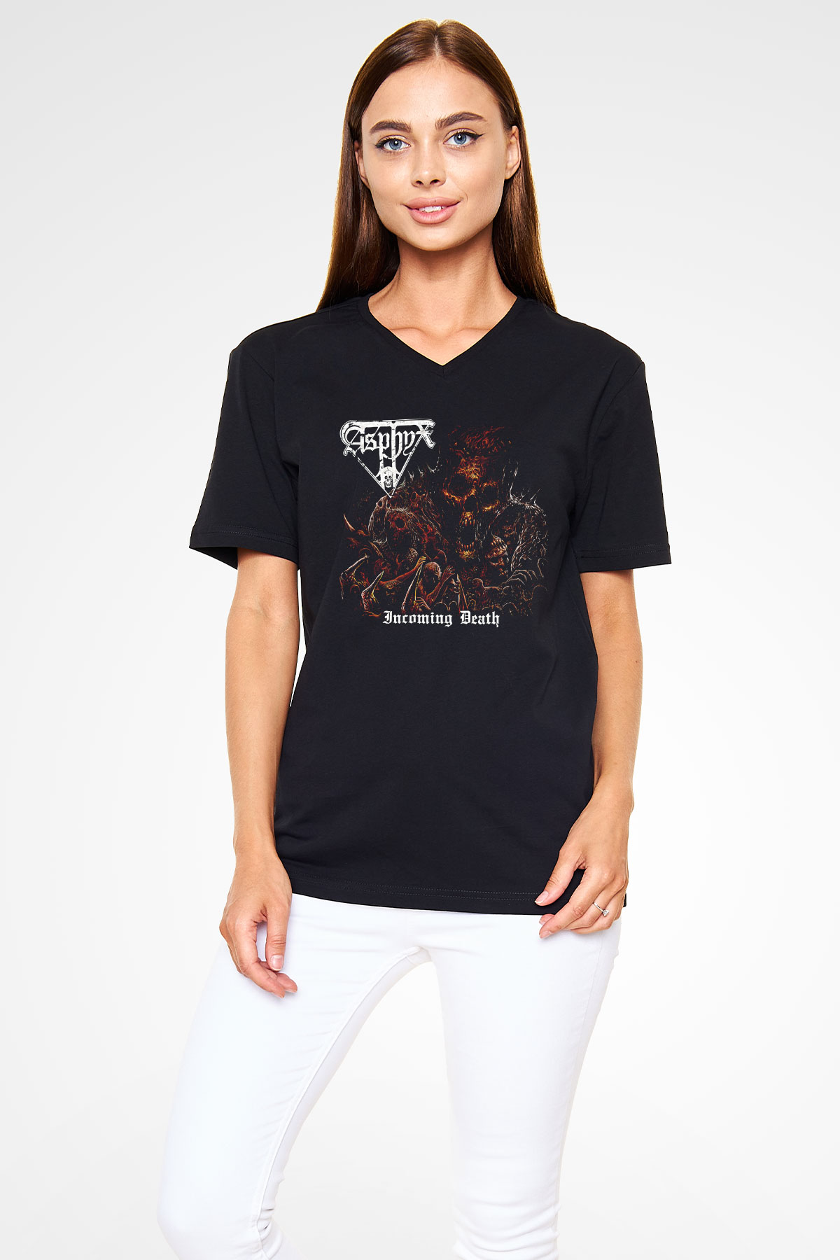 Asphyx Baskılı Unisex Siyah V Yaka Tişört - Tshirt