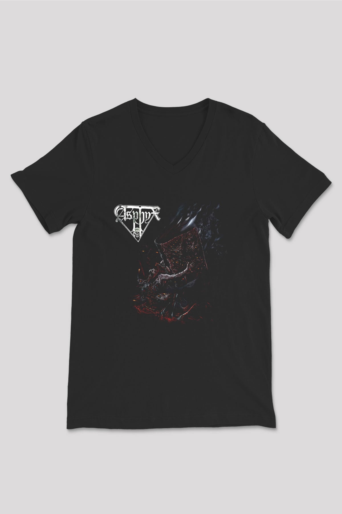 Asphyx Baskılı Unisex Siyah V Yaka Tişört - Tshirt