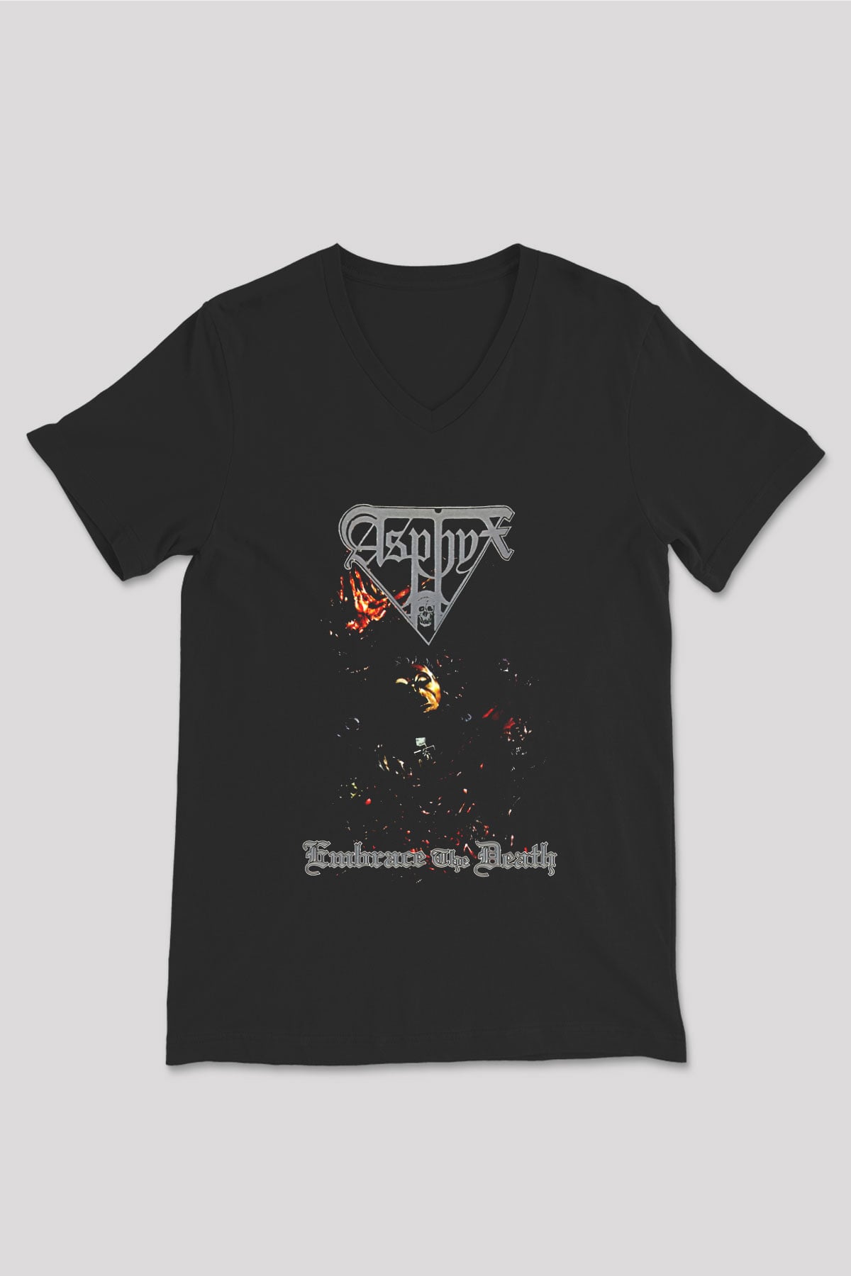 Asphyx Baskılı Unisex Siyah V Yaka Tişört - Tshirt