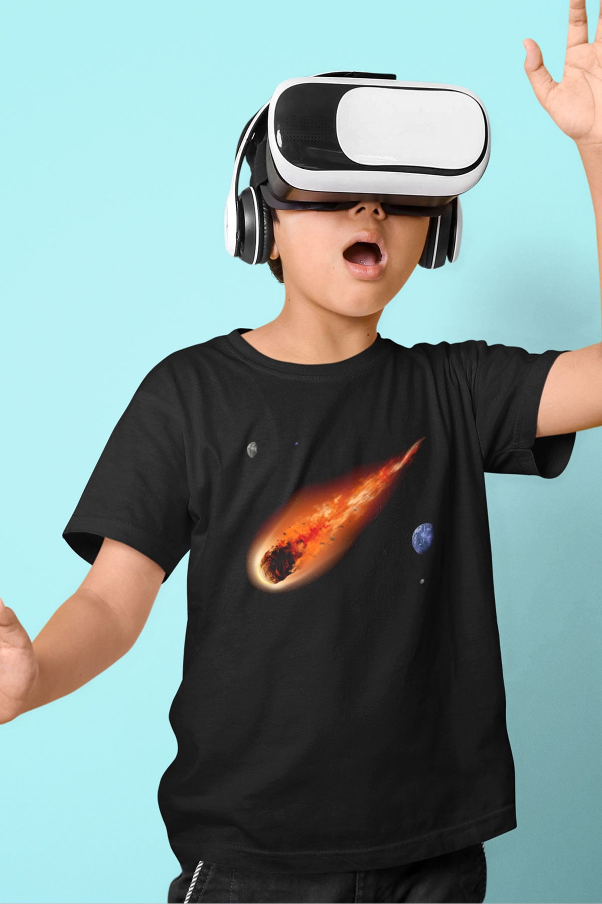 Asteroit Baskılı Siyah Unisex Çocuk Tişört