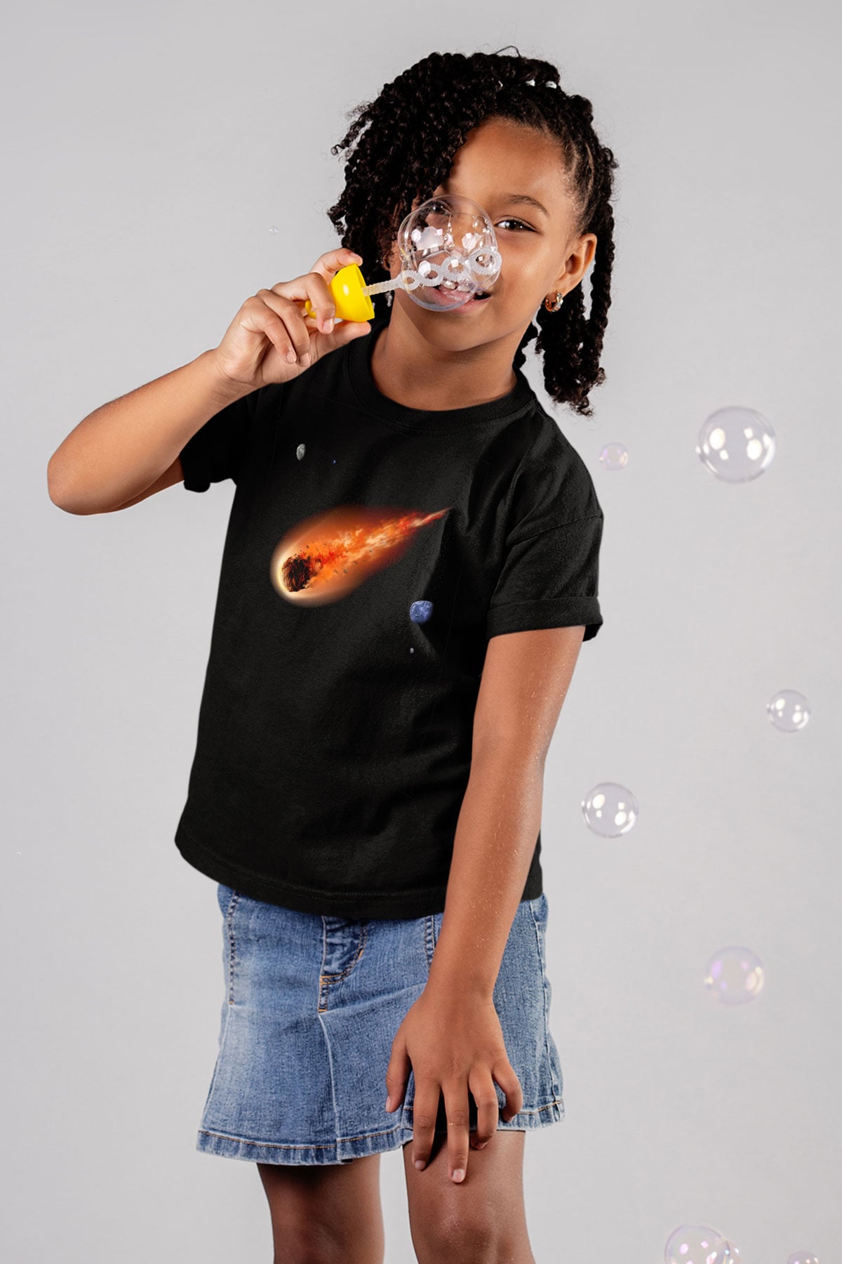 Asteroit Baskılı Siyah Unisex Çocuk Tişört