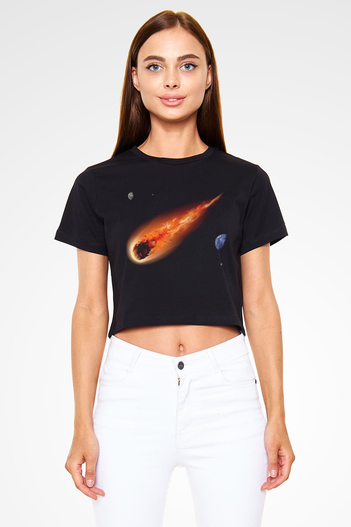 Asteroit Siyah Crop Top Tişört