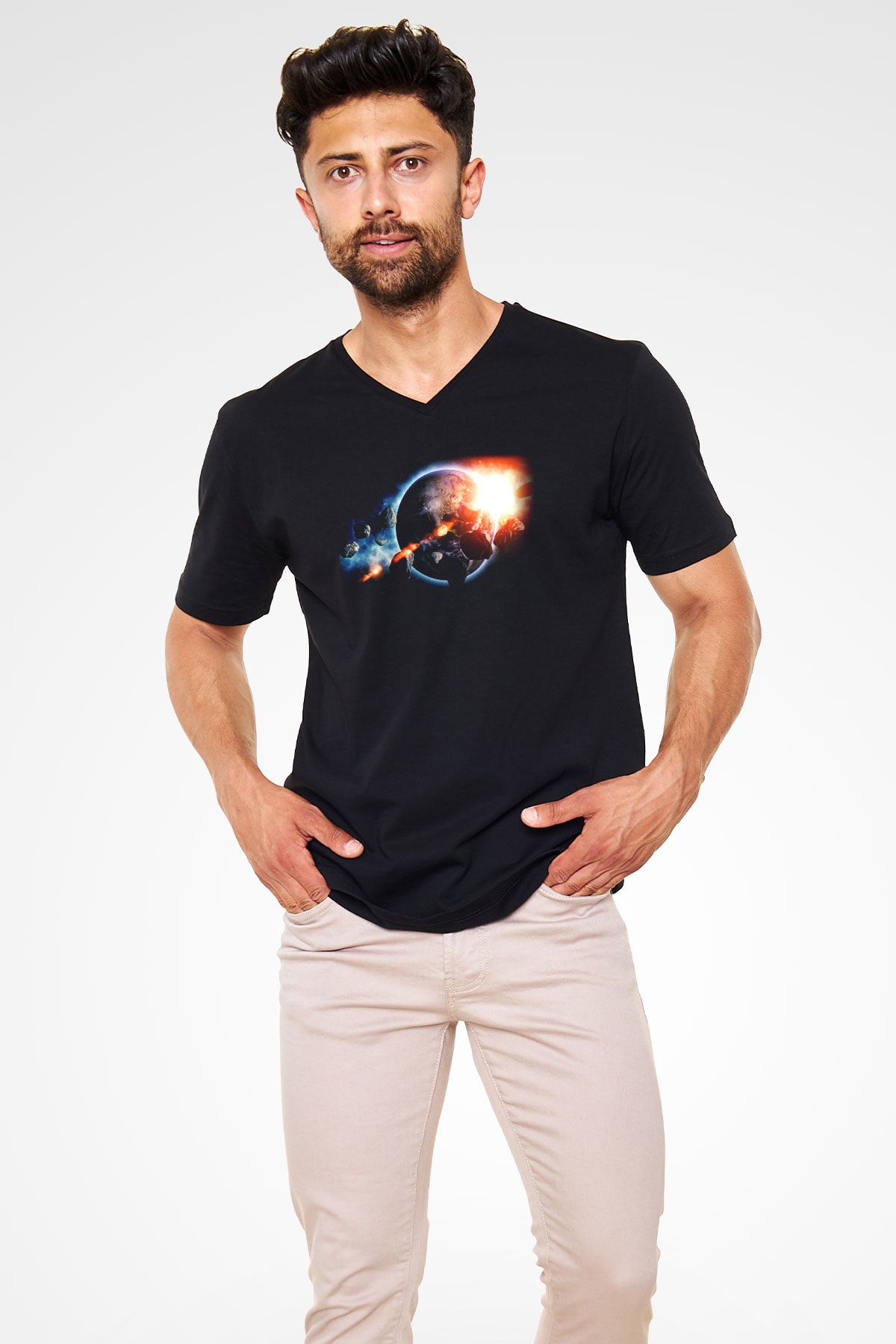 Asteroit Siyah Unisex V Yaka Tişört T-Shirt