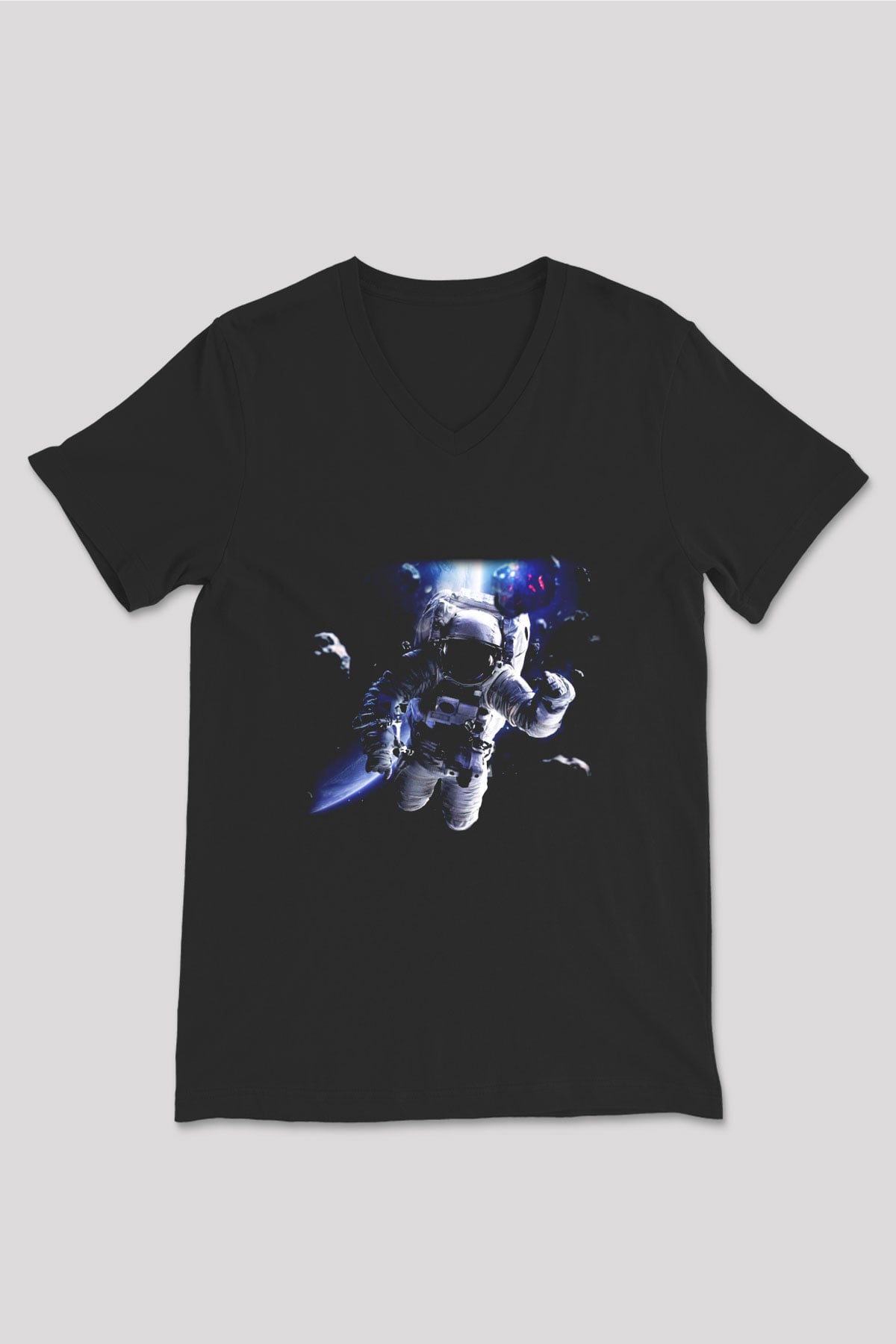 Asteroit Siyah Unisex V Yaka Tişört T-Shirt