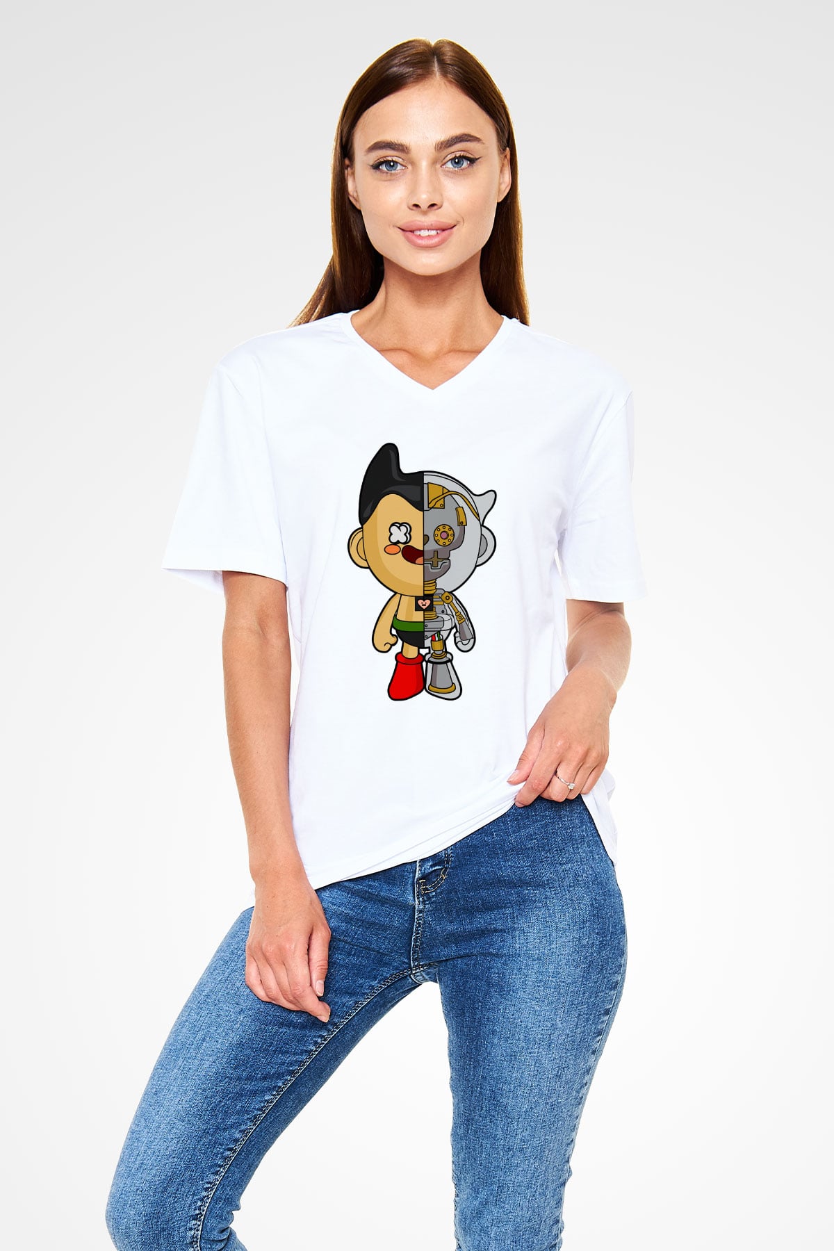 Astroboy Baskılı Unisex Beyaz V Yaka Tişört