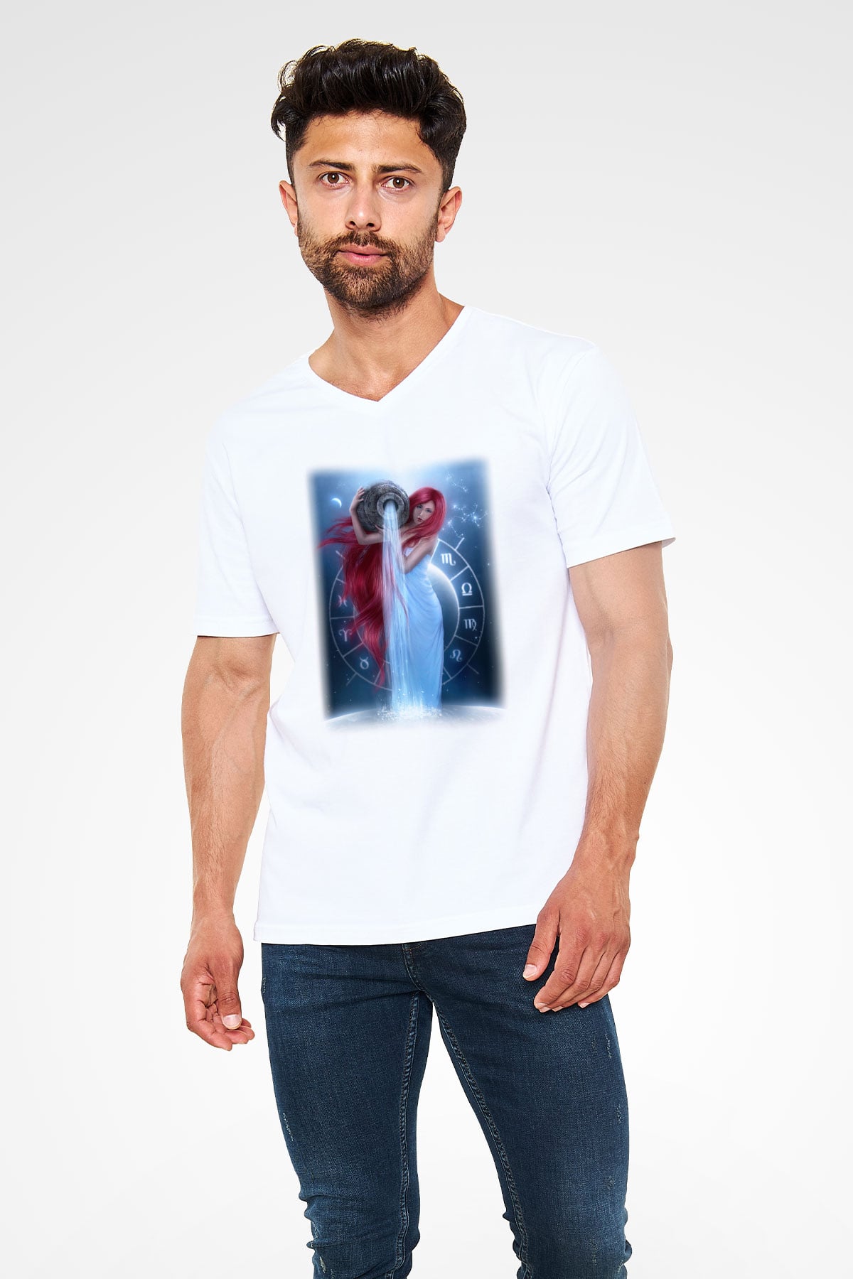 Astrolog Beyaz Unisex V Yaka Tişört T-Shirt