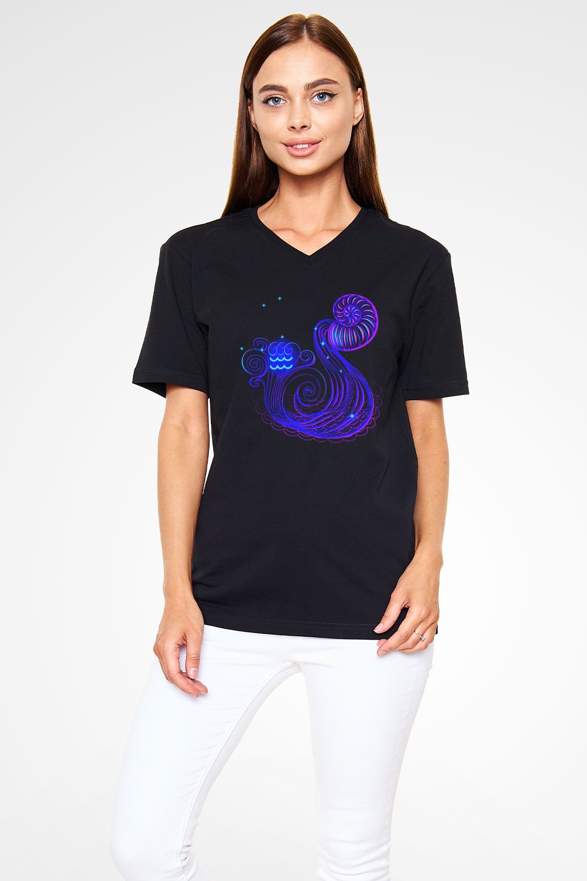 Astrolog Siyah Unisex V Yaka Tişört T-Shirt