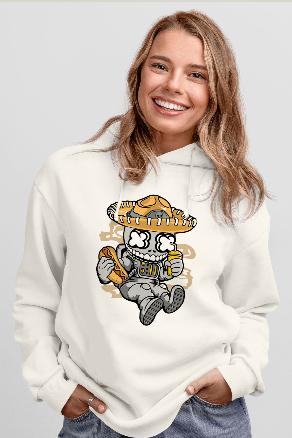 Astronaut Skull Of The Dead Baskılı Unisex Beyaz Hoodie