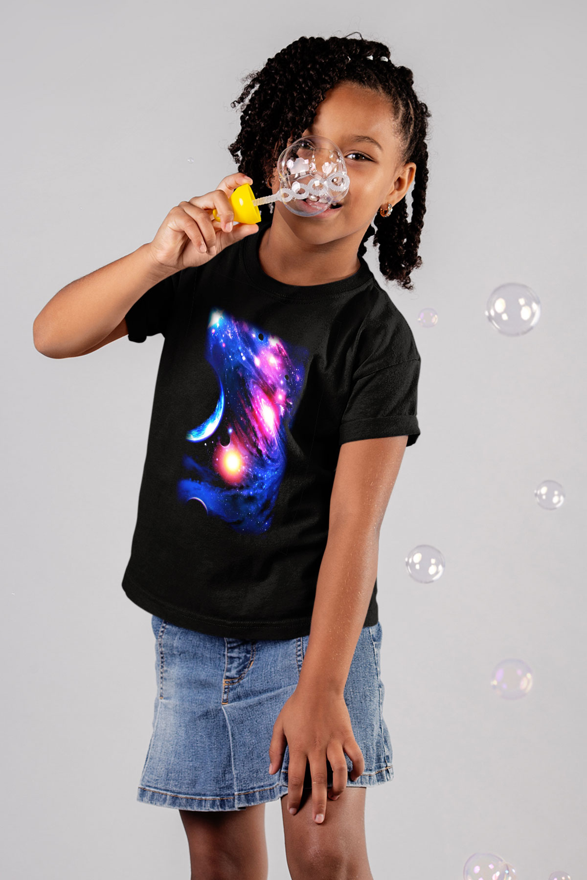 Astronom Baskılı Siyah Unisex Çocuk Tişört