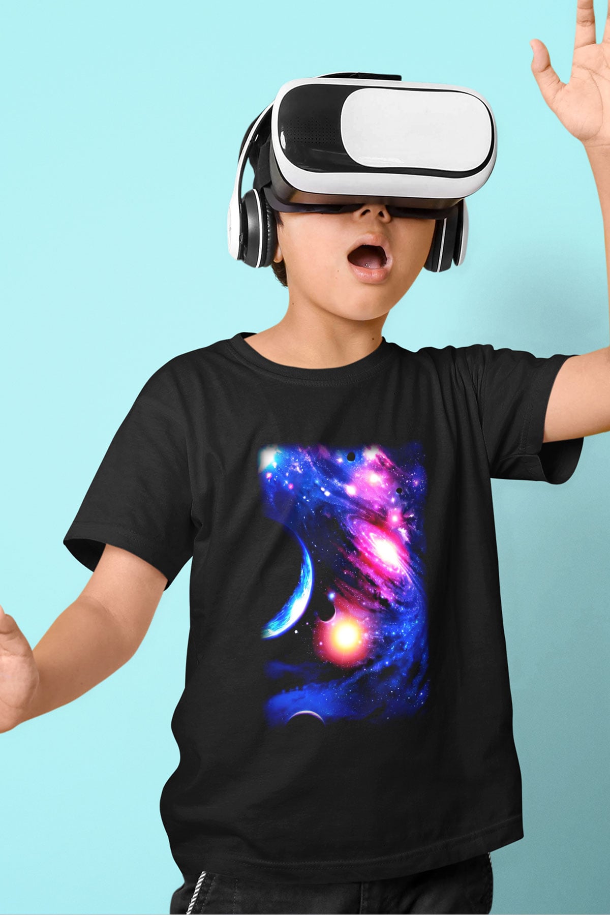 Astronom Baskılı Siyah Unisex Çocuk Tişört