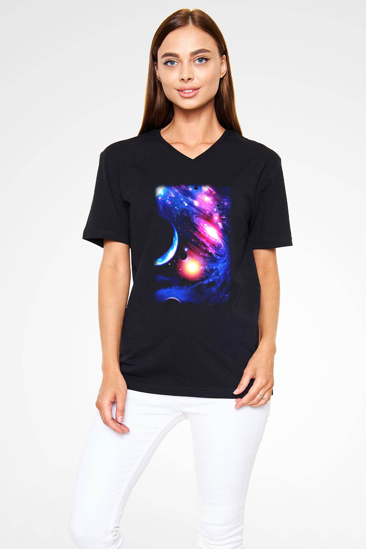 Astronom Siyah Unisex V Yaka Tişört T-Shirt