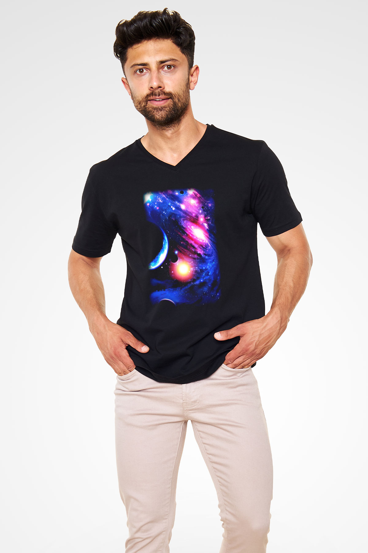 Astronom Siyah Unisex V Yaka Tişört T-Shirt