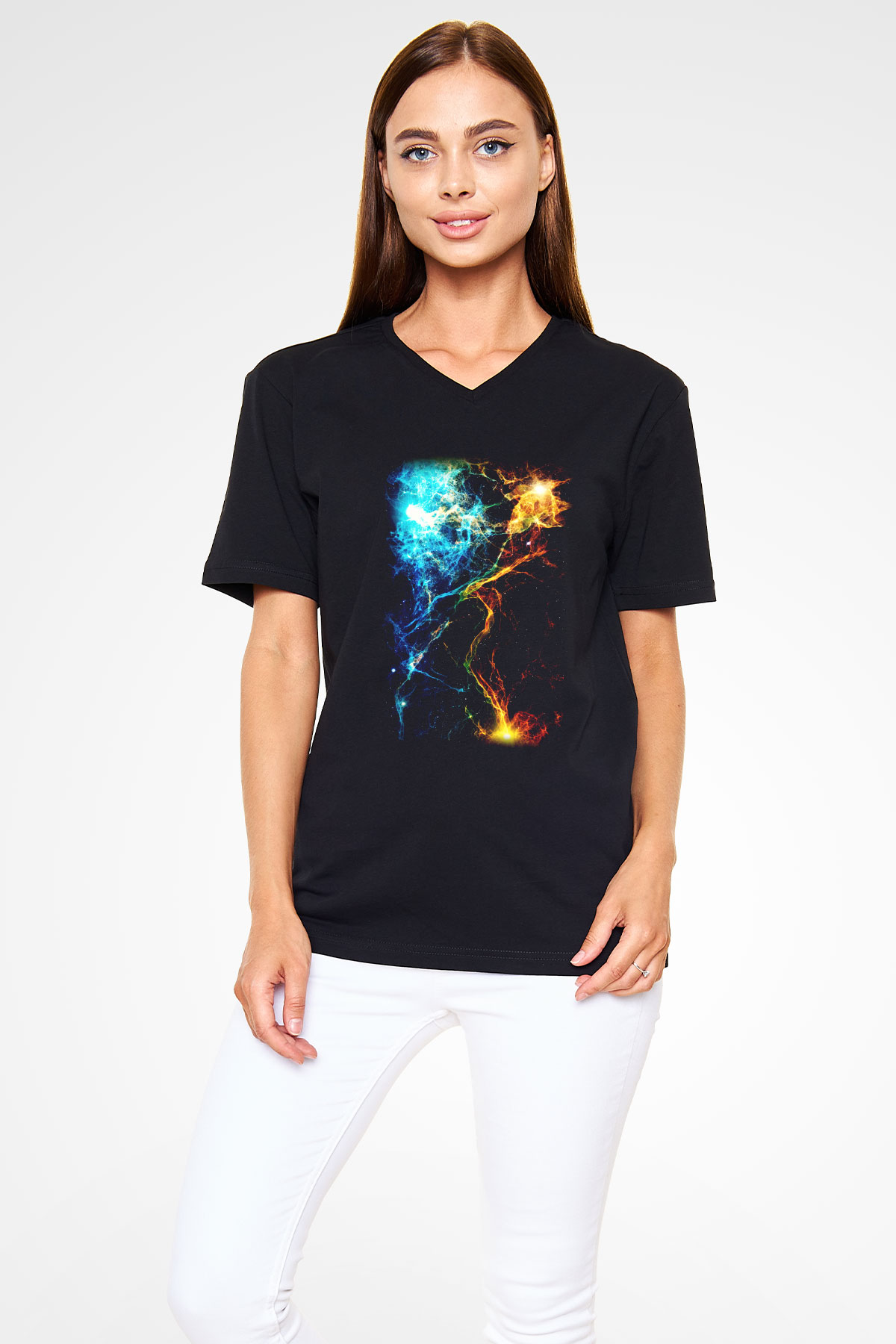 Astronom Siyah Unisex V Yaka Tişört T-Shirt