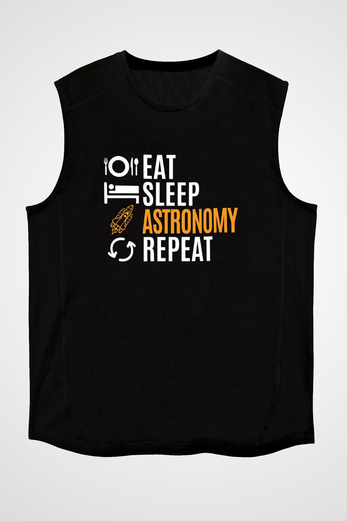 Astronomi Baskılı Unisex Kolsuz Siyah Tişört - Tshirt
