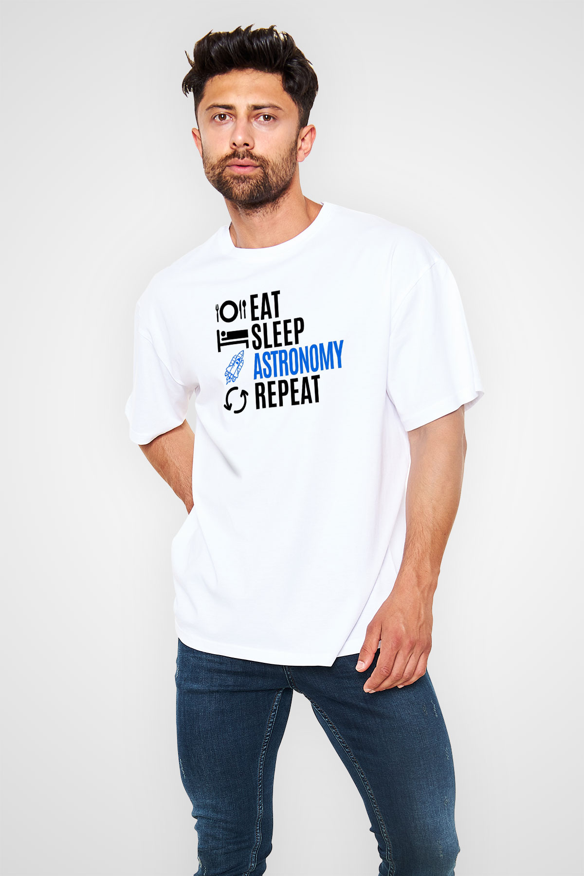 Astronomi Baskılı Unisex Oversize Beyaz Tişört - Tshirt