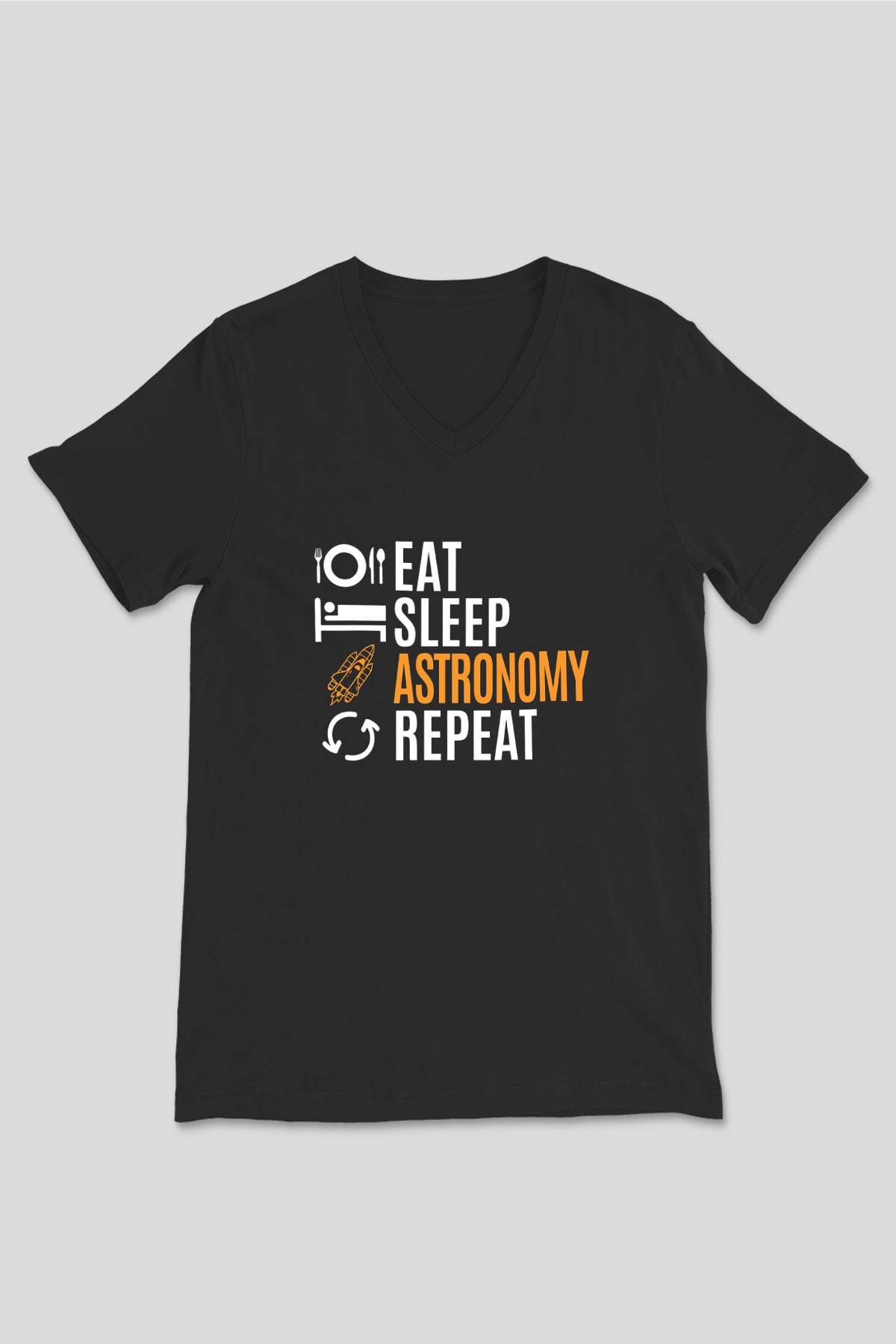 Astronomi Baskılı Unisex V Yaka Siyah Tİşört - Tshirt