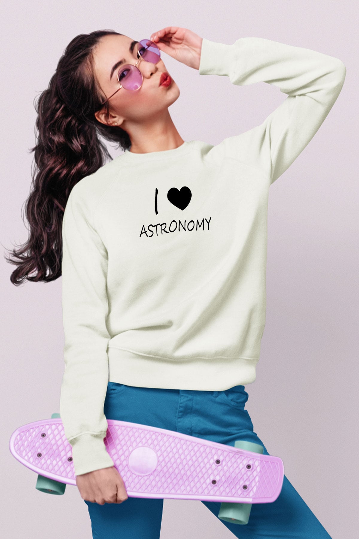Astronomi Sevenler Baskılı Unisex Ekru Sweatshirt