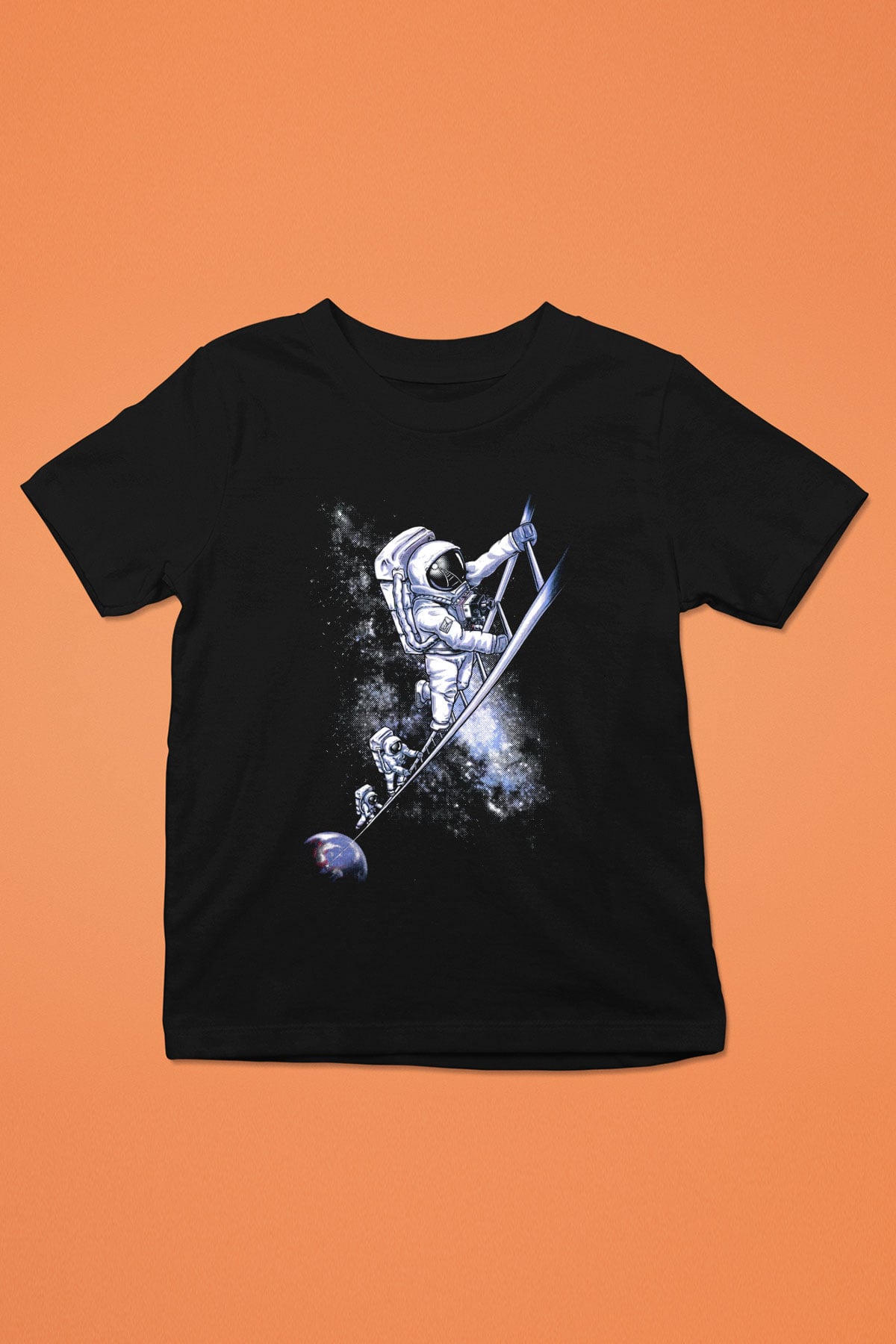Astronot Baskılı Siyah Unisex Çocuk Tişört