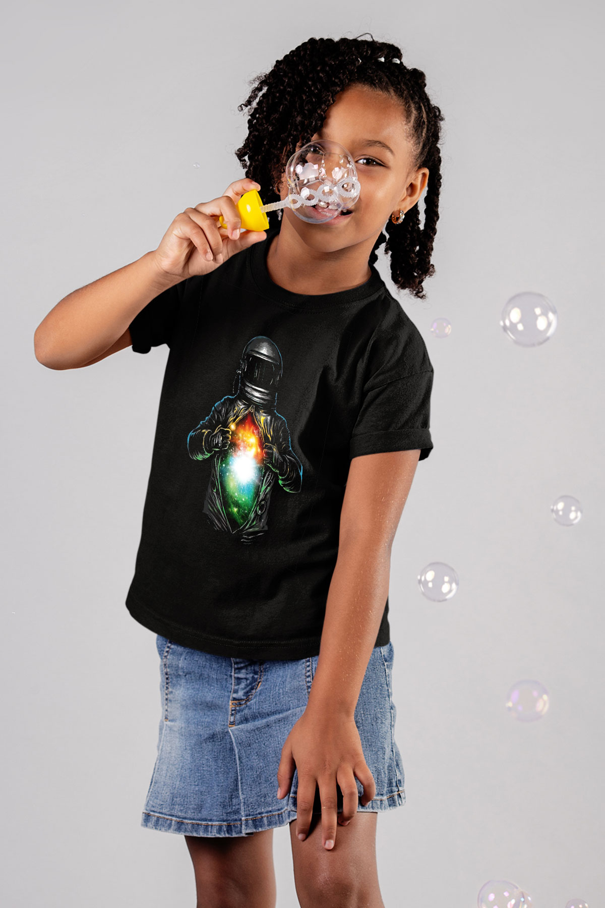 Astronot Baskılı Siyah Unisex Çocuk Tişört
