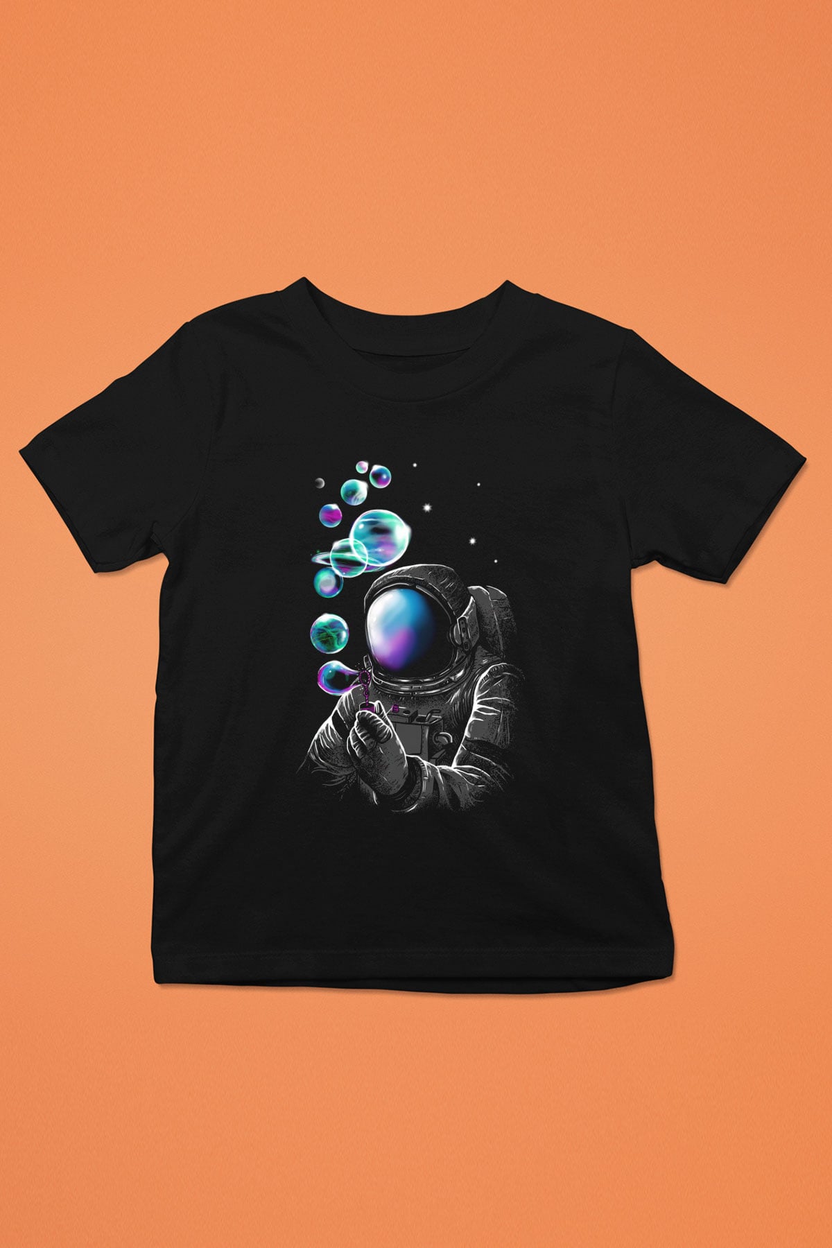 Astronot Baskılı Siyah Unisex Çocuk Tişört