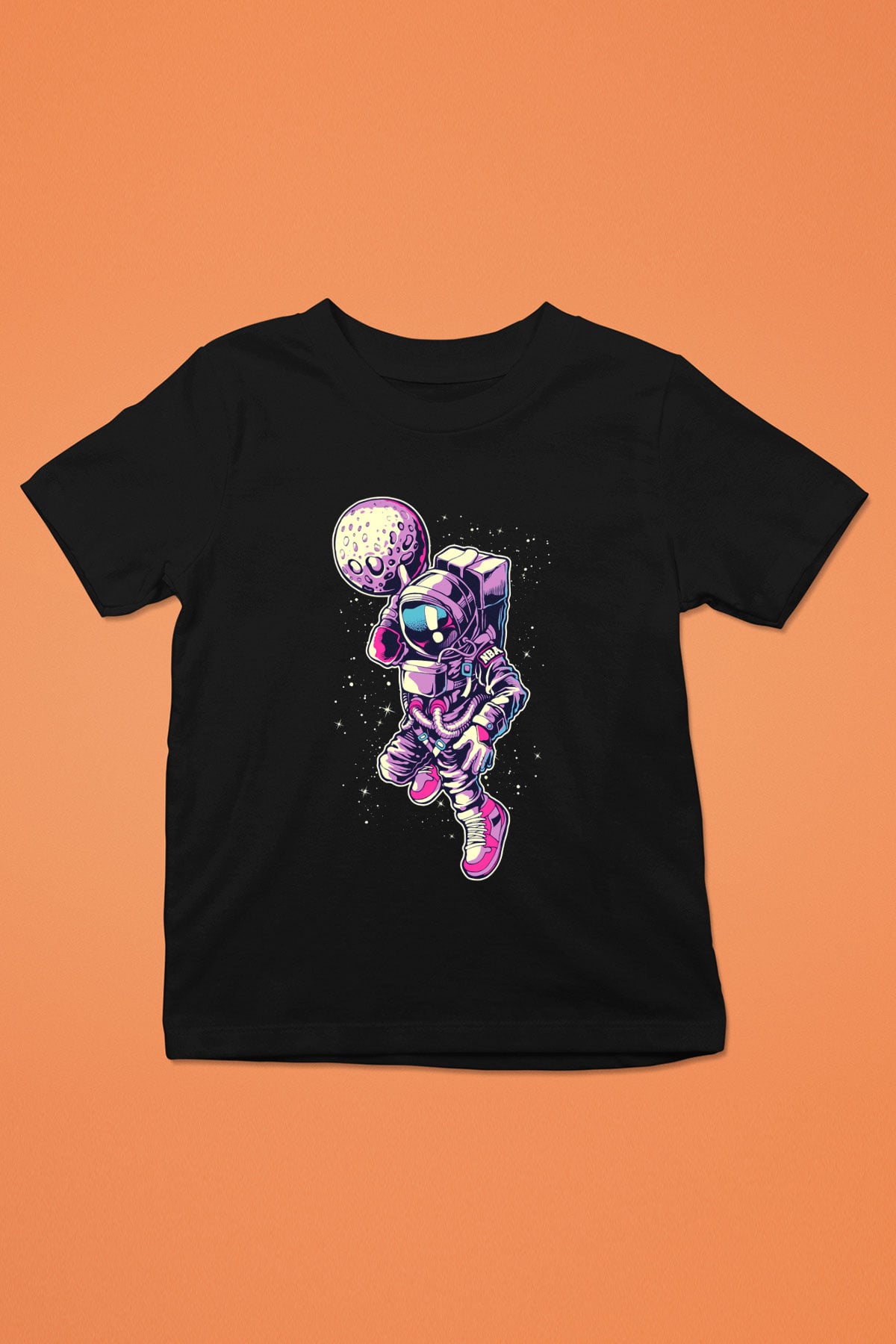 Astronot Baskılı Siyah Unisex Çocuk Tişört