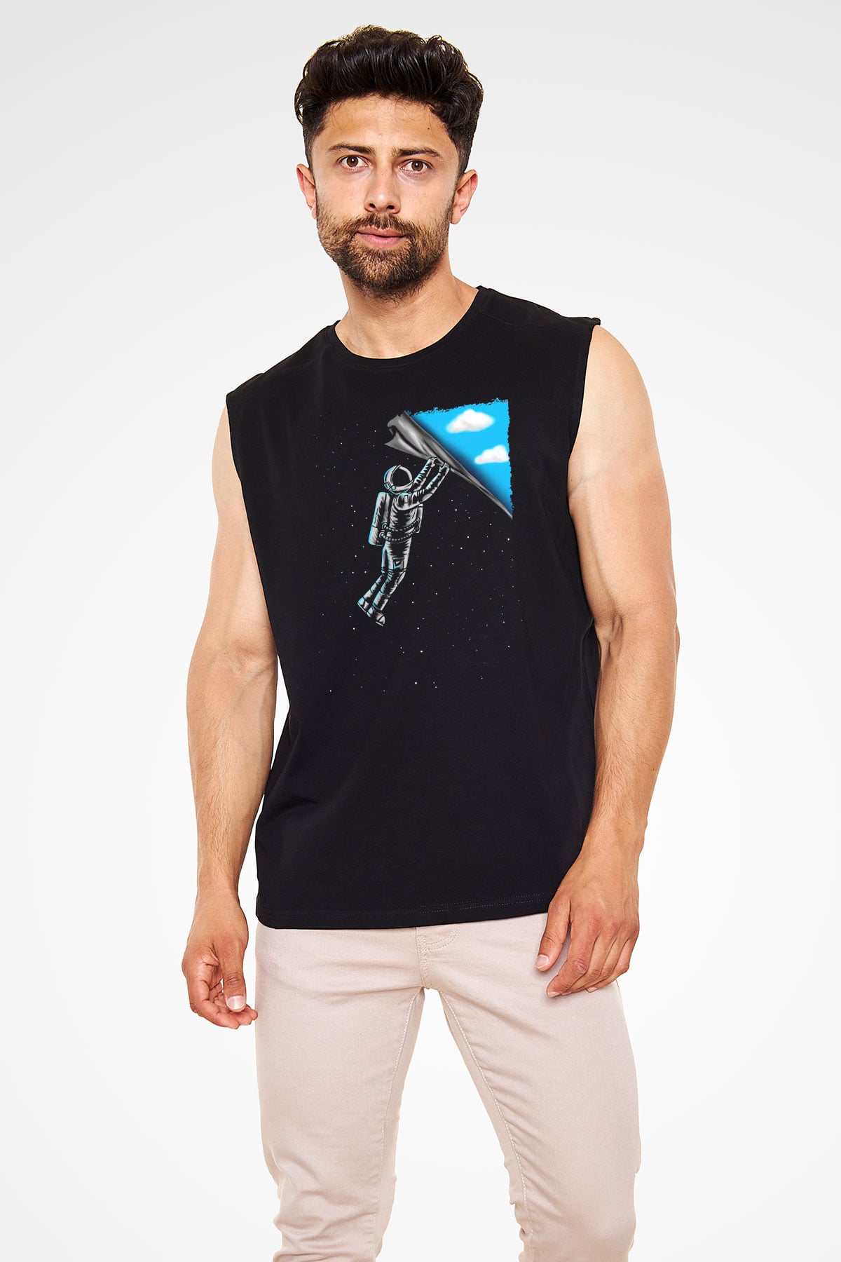 Astronot Baskılı Unisex Siyah  Kolsuz Tişört