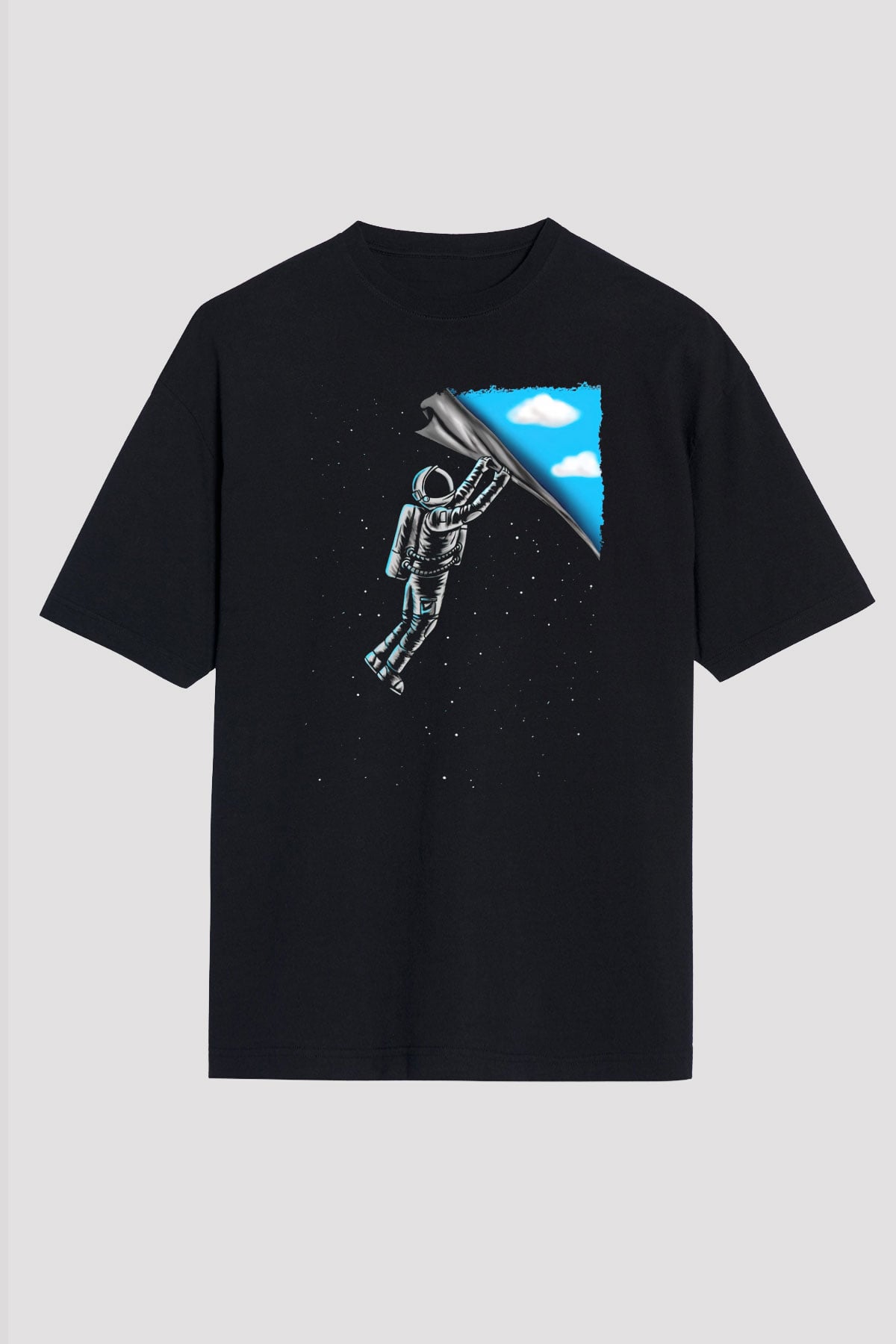 Astronot Baskılı Unisex Siyah Tişört