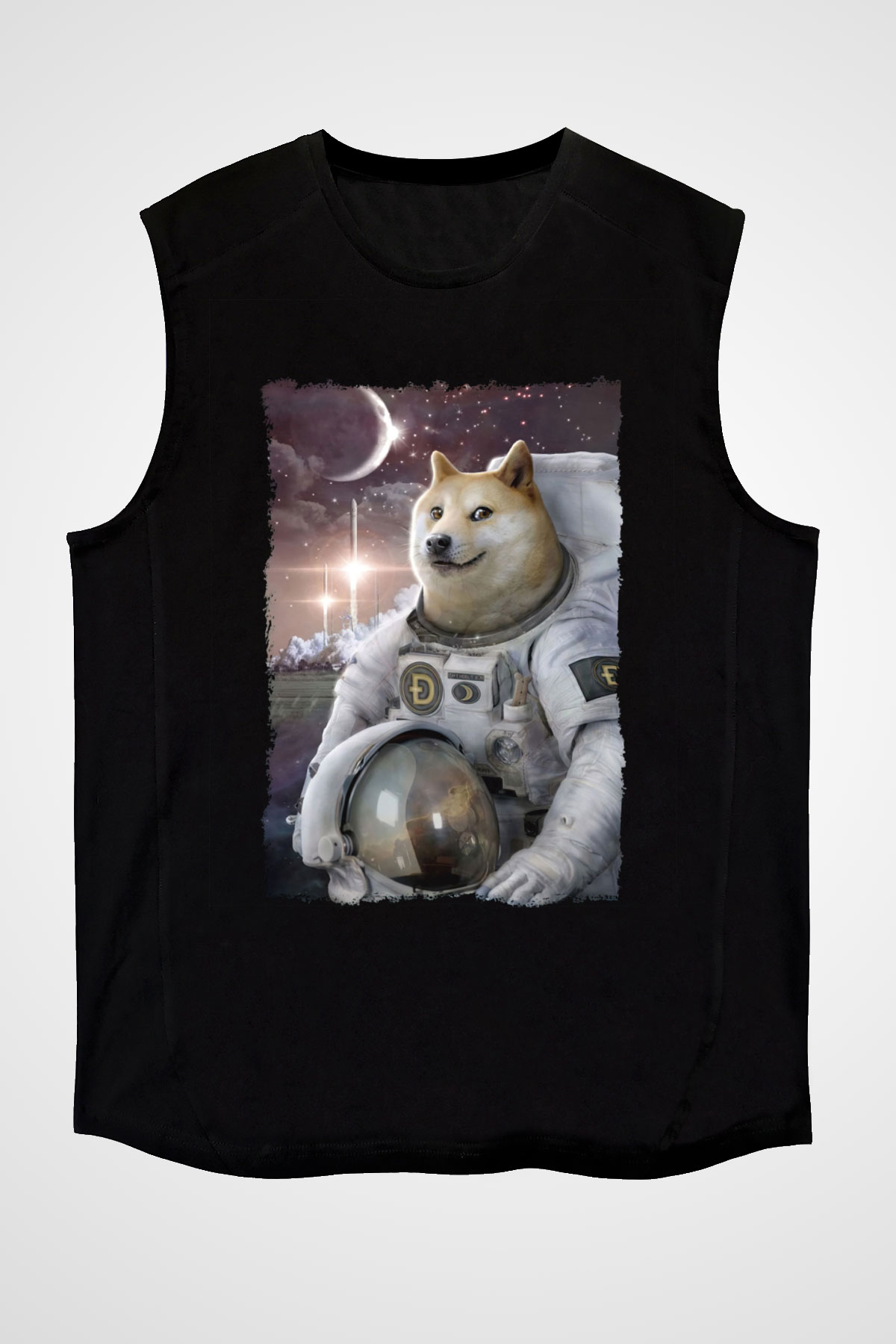 Astronot Husky Baskılı Unisex Siyah  Kolsuz Tişört