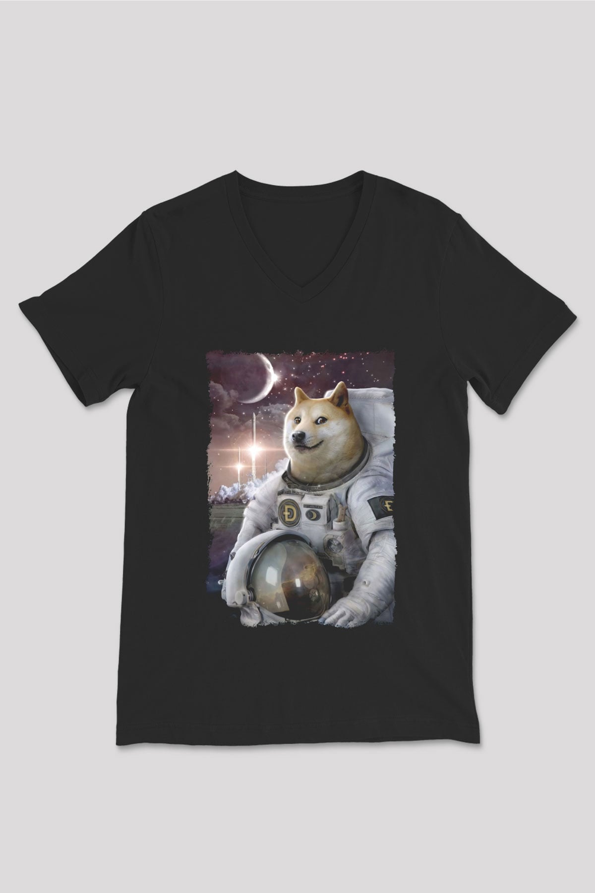Astronot Husky Baskılı Unisex Siyah  V Yaka Tişört