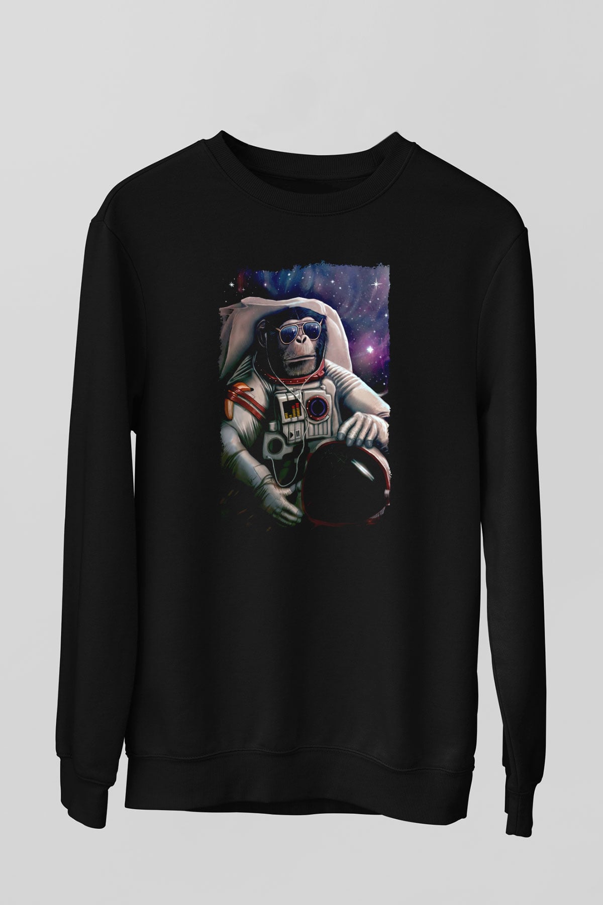 Astronot Maymun Baskılı Unisex Siyah  Sweatshirt