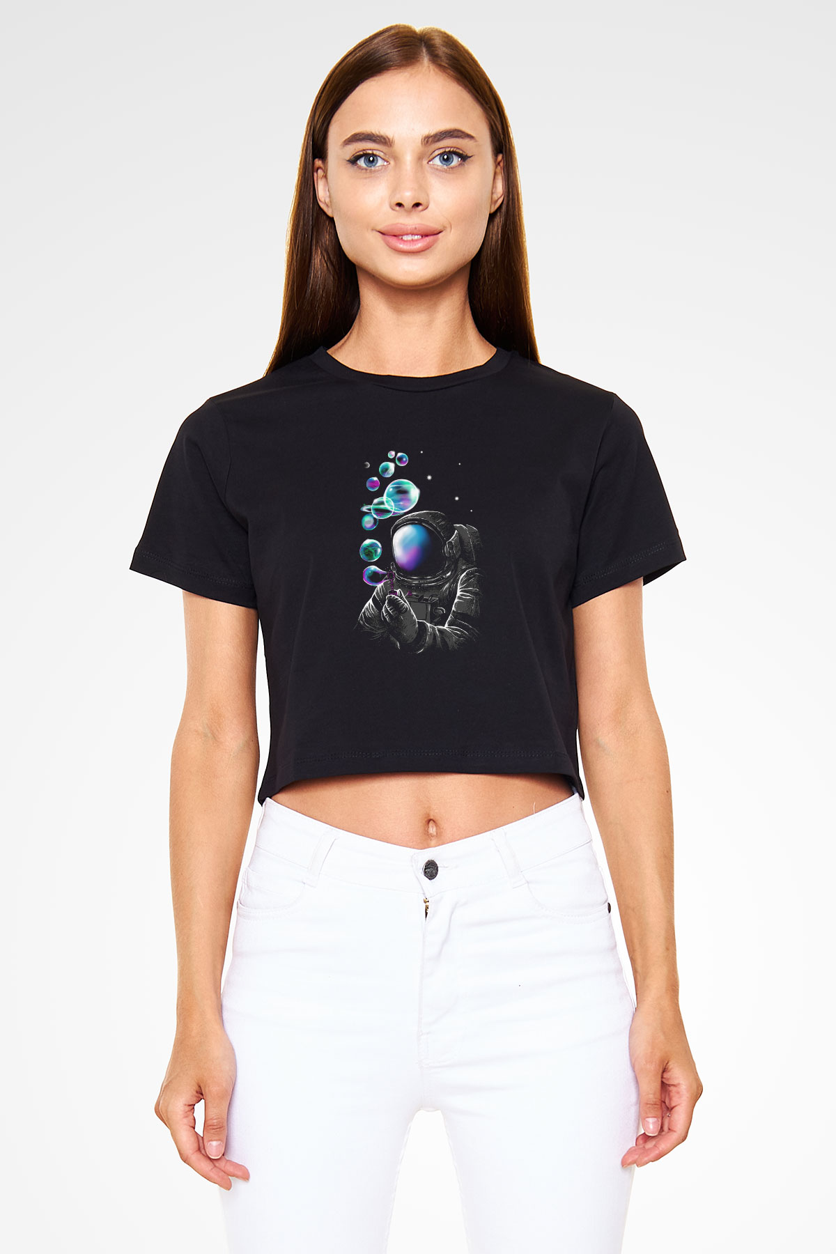 Astronot Siyah Crop Top Tişört