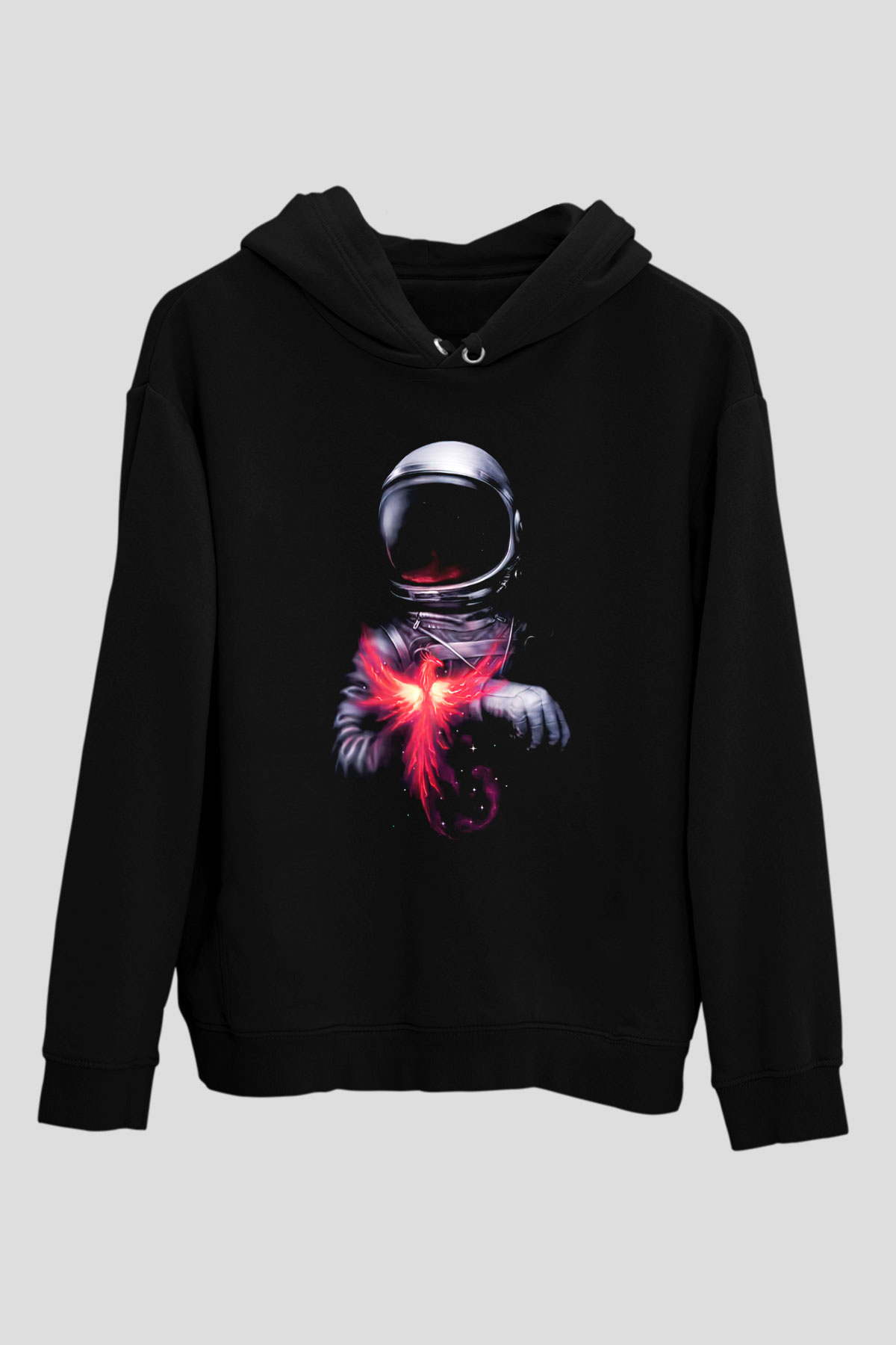 Astronot Siyah Unisex Kapşonlu Sweatshirt