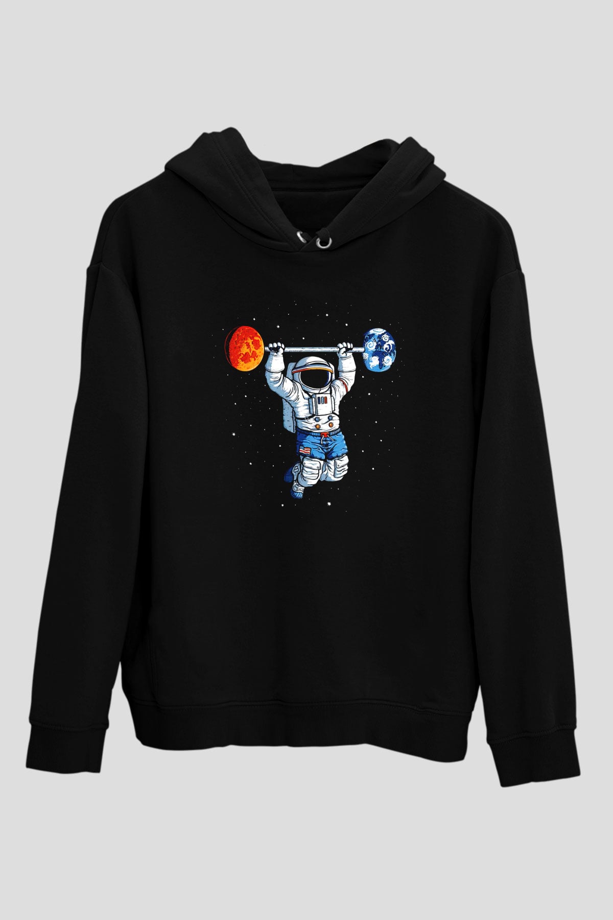 Astronot Siyah Unisex Kapşonlu Sweatshirt