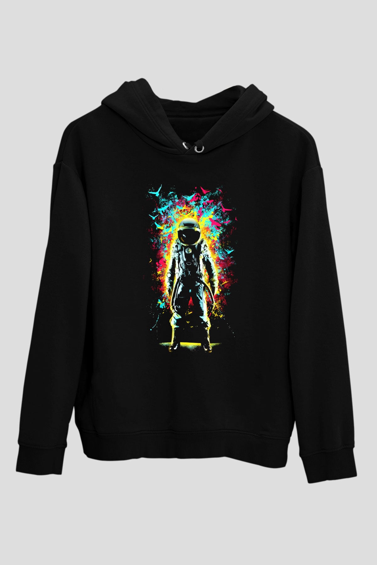 Astronot Siyah Unisex Kapşonlu Sweatshirt
