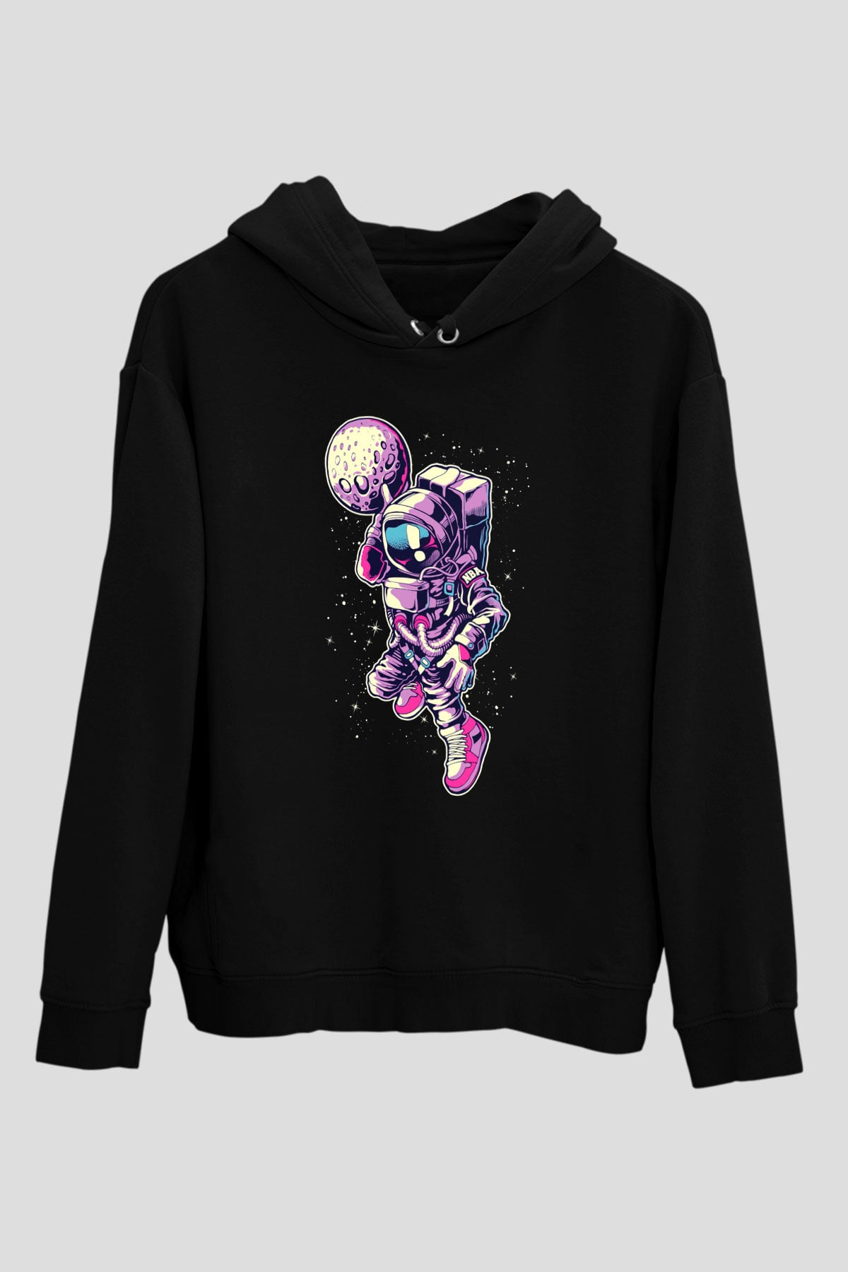Astronot Siyah Unisex Kapşonlu Sweatshirt