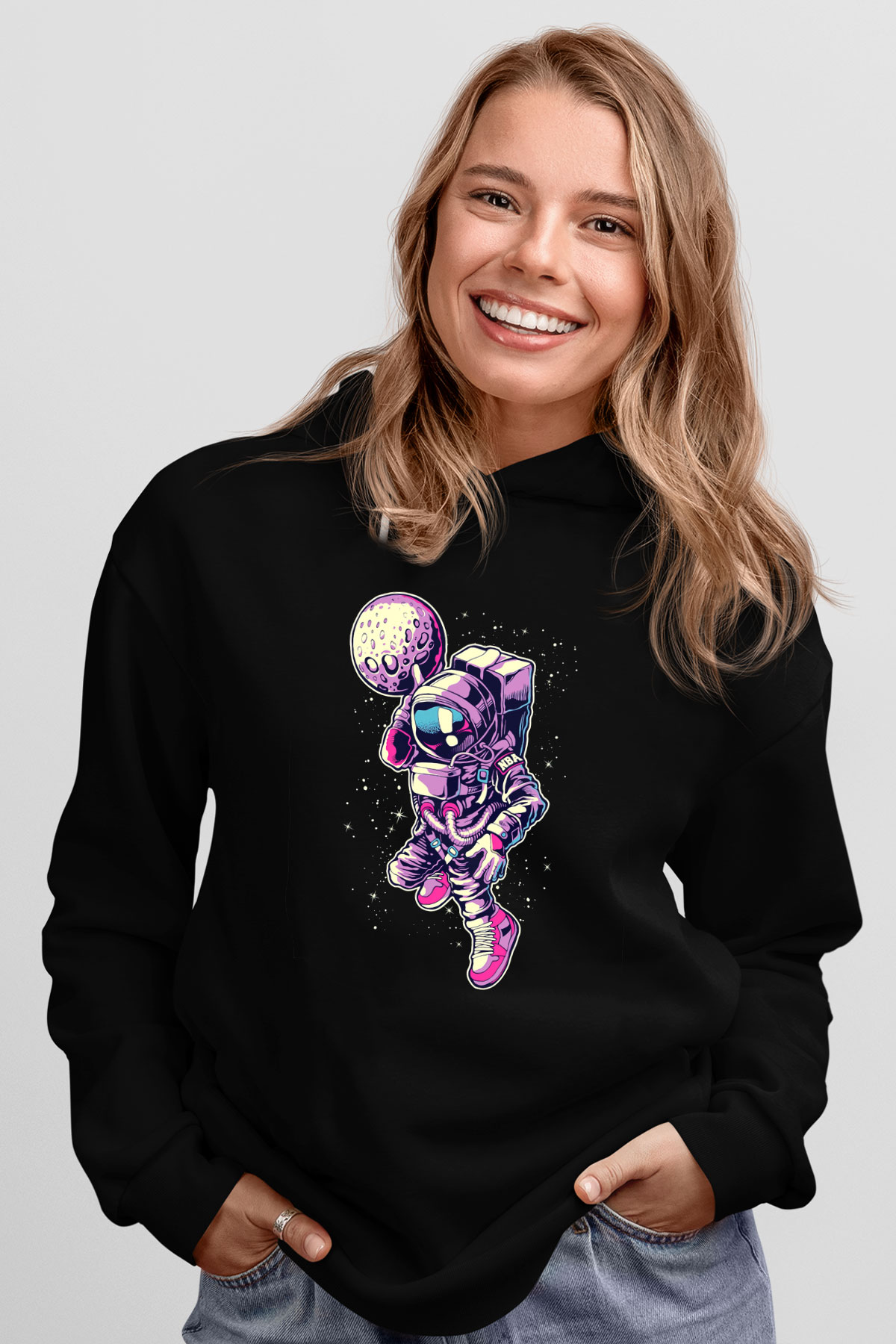 Astronot Siyah Unisex Kapşonlu Sweatshirt