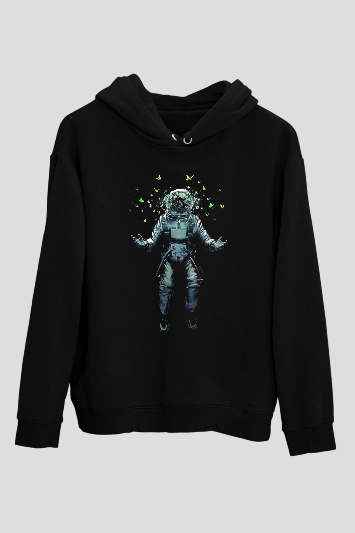 Astronot Siyah Unisex Kapşonlu Sweatshirt