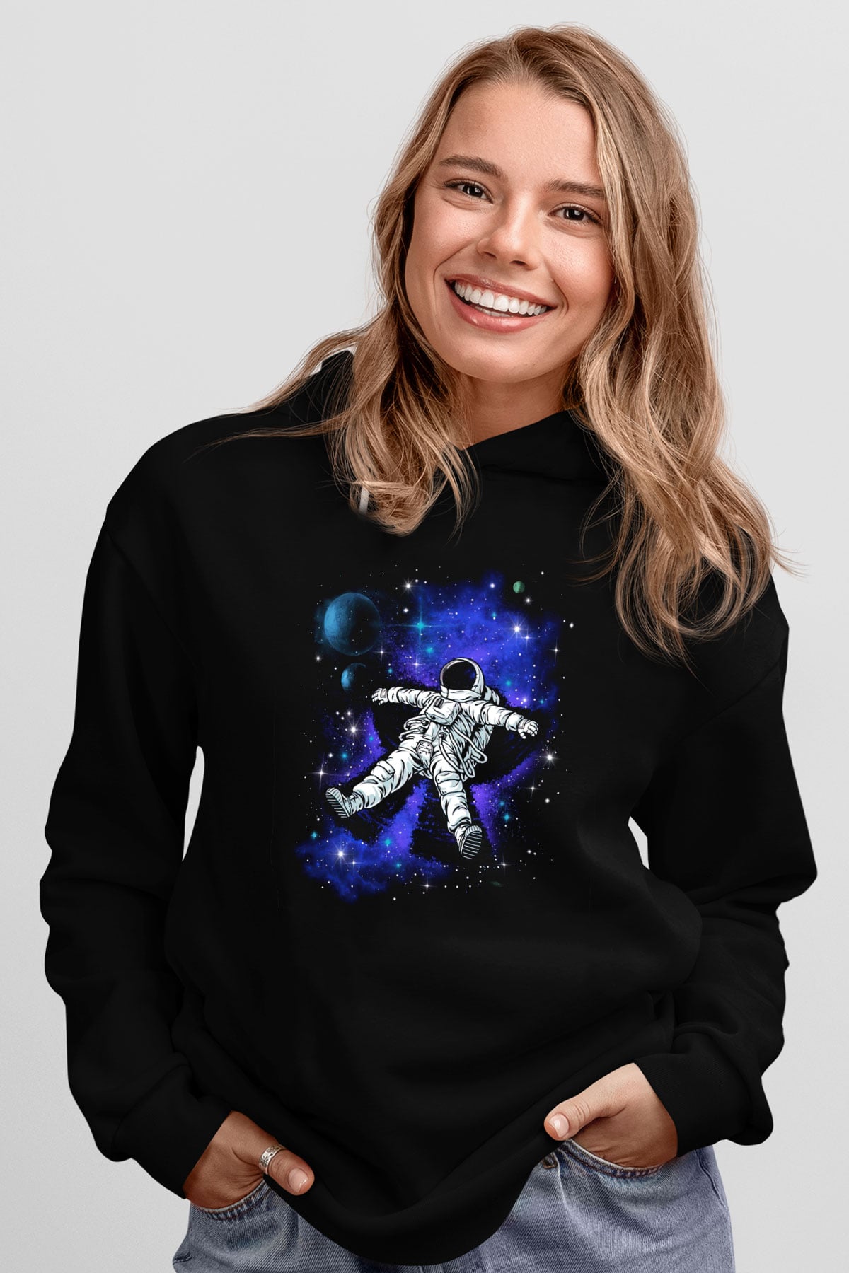 Astronot Siyah Unisex Kapşonlu Sweatshirt
