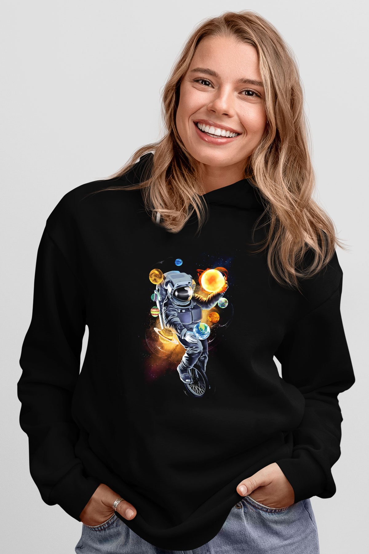 Astronot Siyah Unisex Kapşonlu Sweatshirt