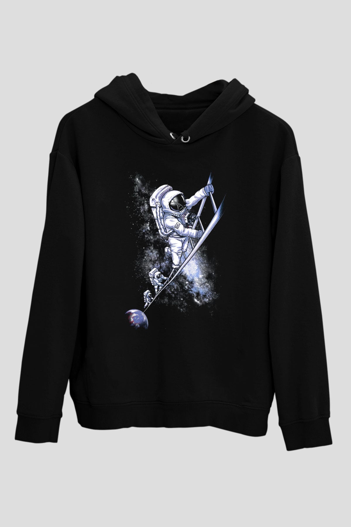 Astronot Siyah Unisex Kapşonlu Sweatshirt