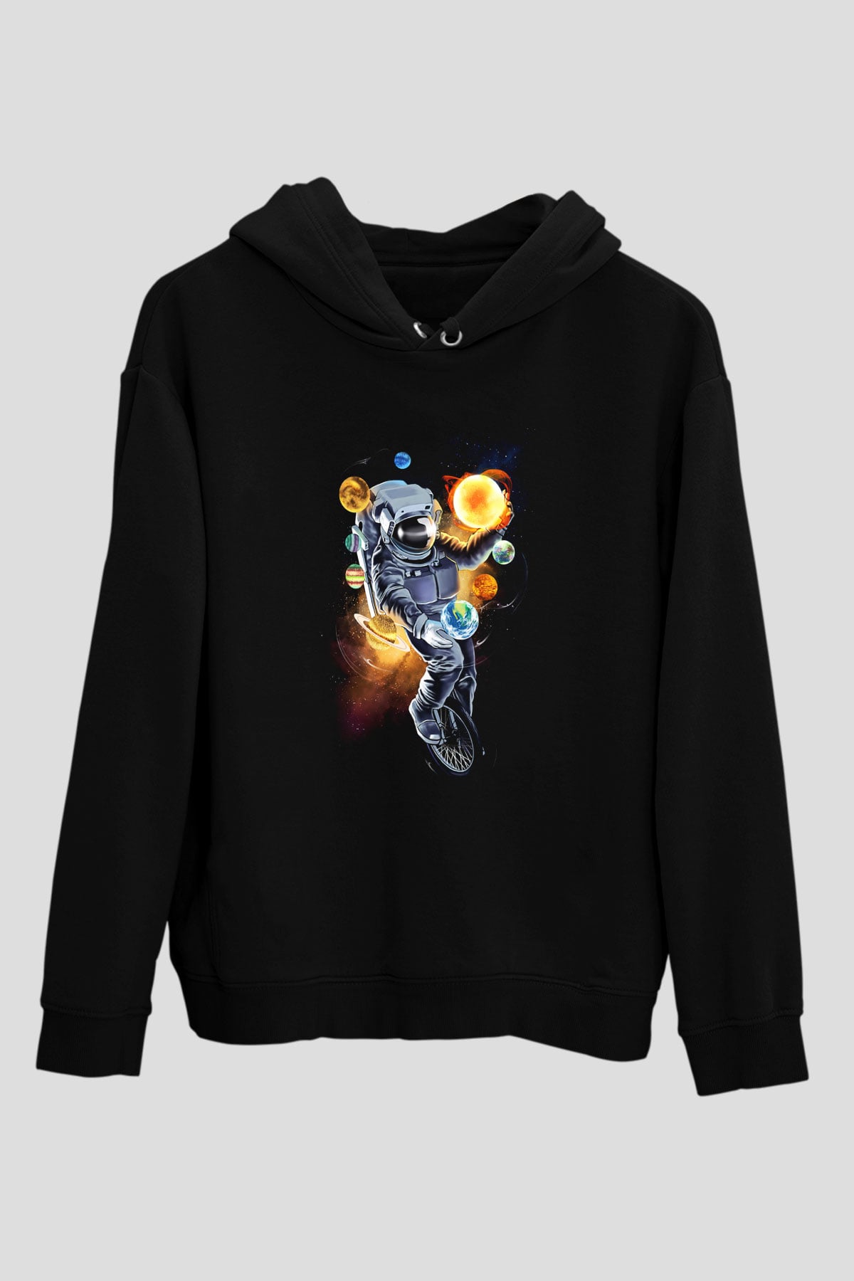 Astronot Siyah Unisex Kapşonlu Sweatshirt