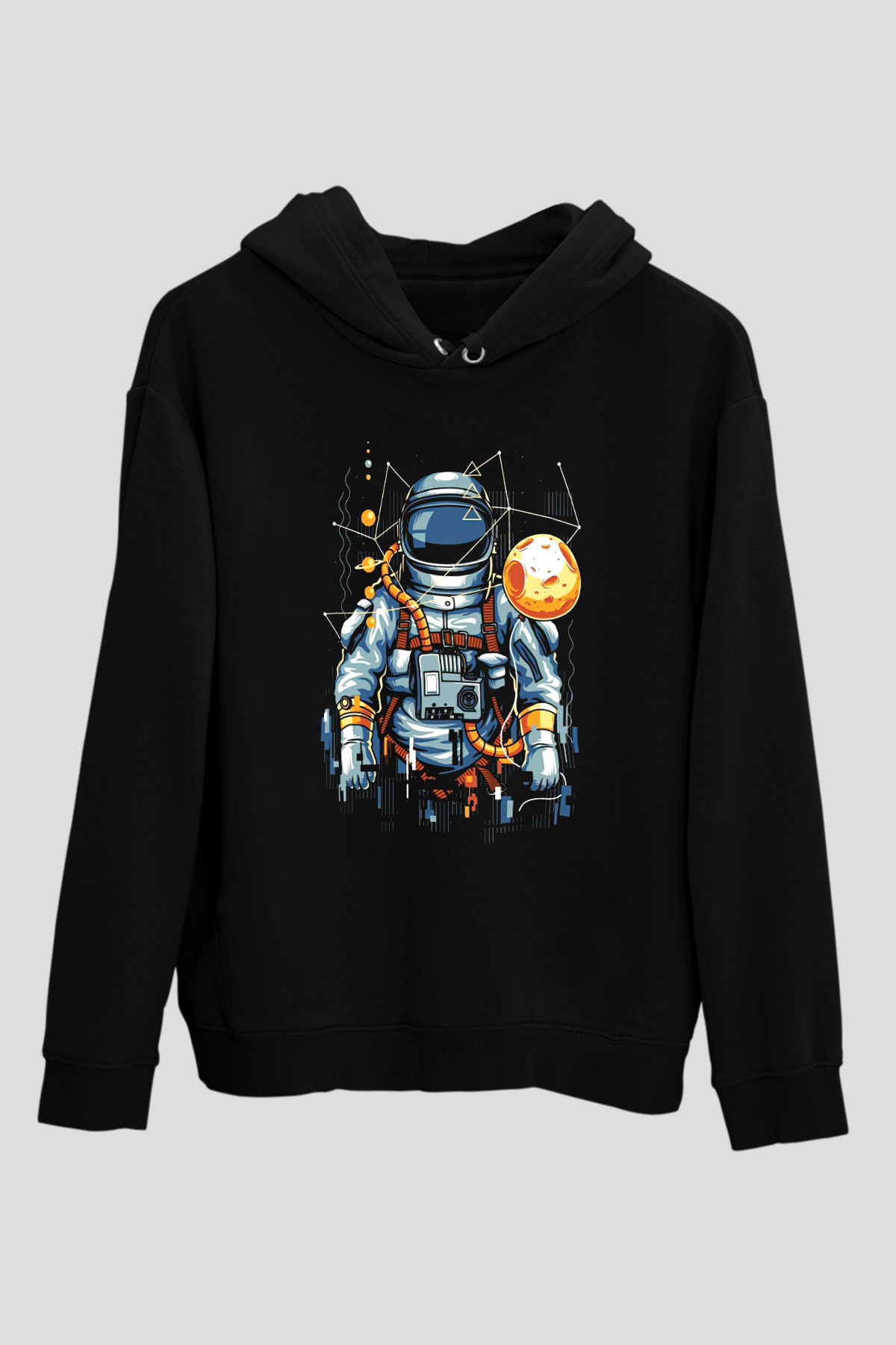 Astronot Siyah Unisex Kapşonlu Sweatshirt