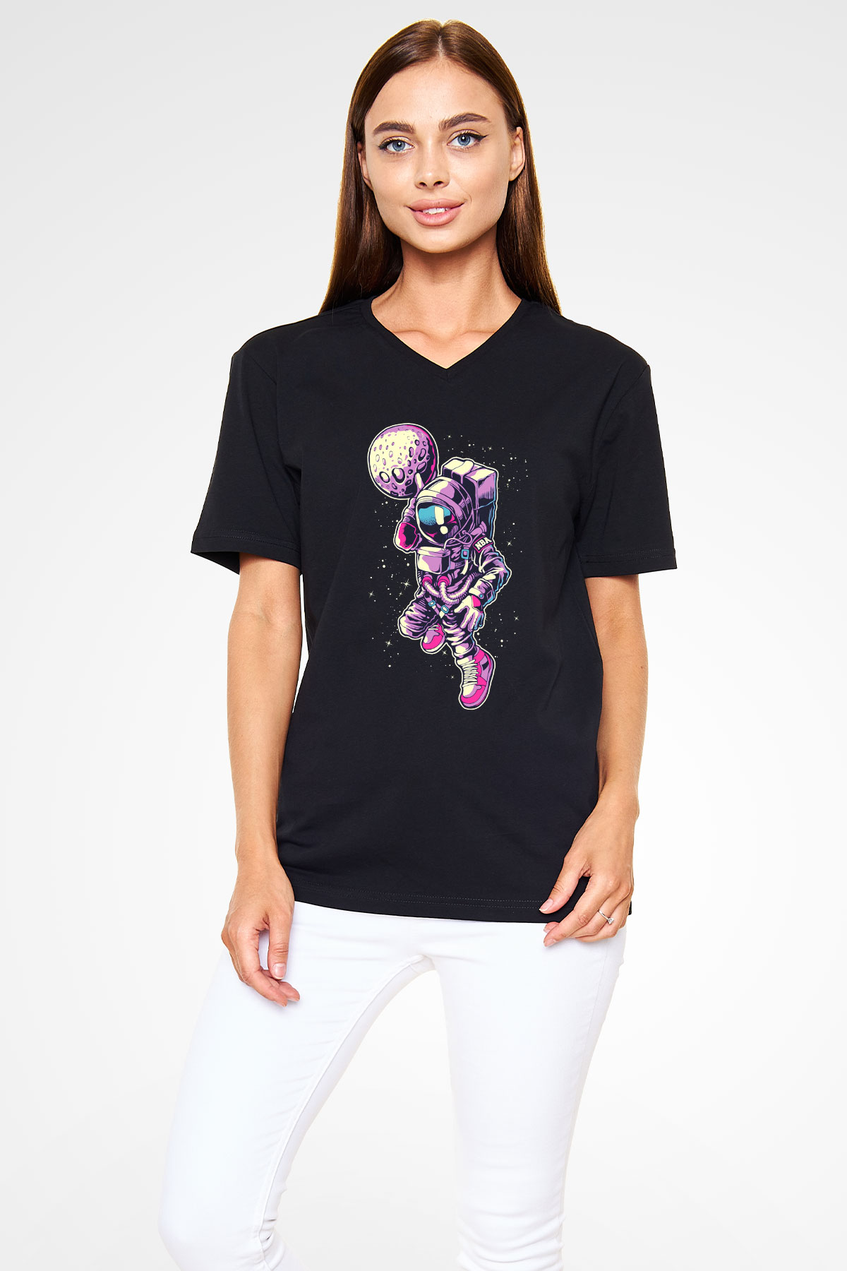 Astronot Siyah Unisex V Yaka Tişört T-Shirt