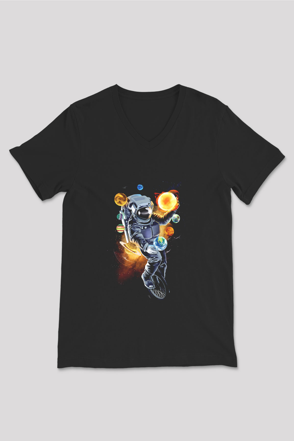 Astronot Siyah Unisex V Yaka Tişört T-Shirt