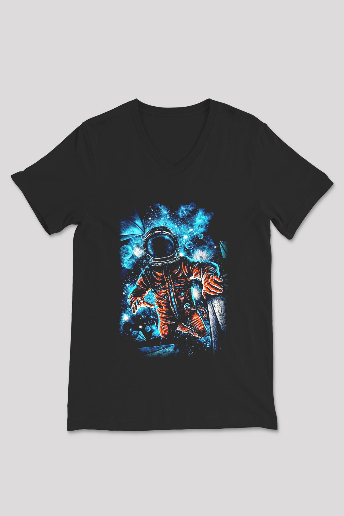 Astronot Siyah Unisex V Yaka Tişört T-Shirt