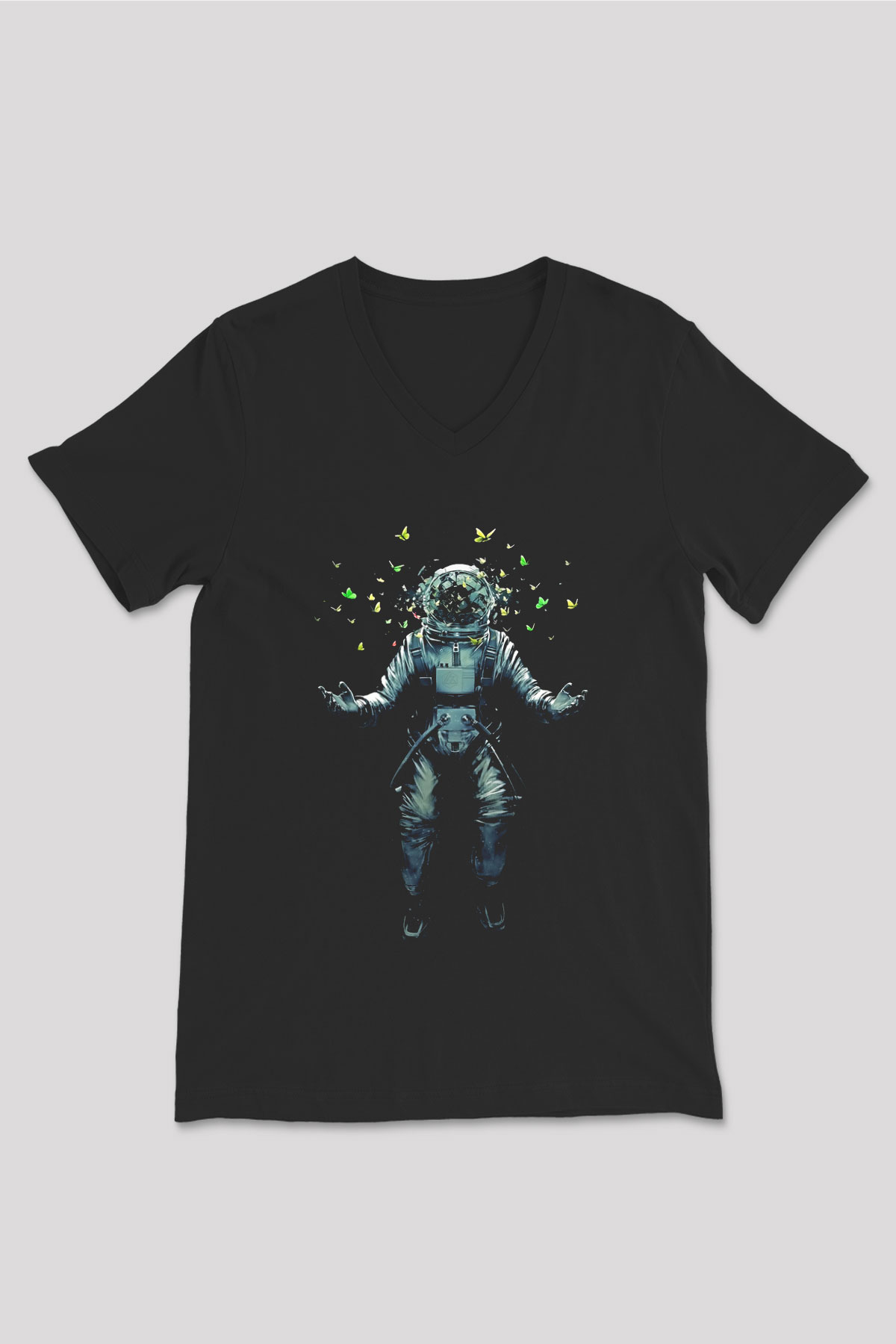 Astronot Siyah Unisex V Yaka Tişört T-Shirt