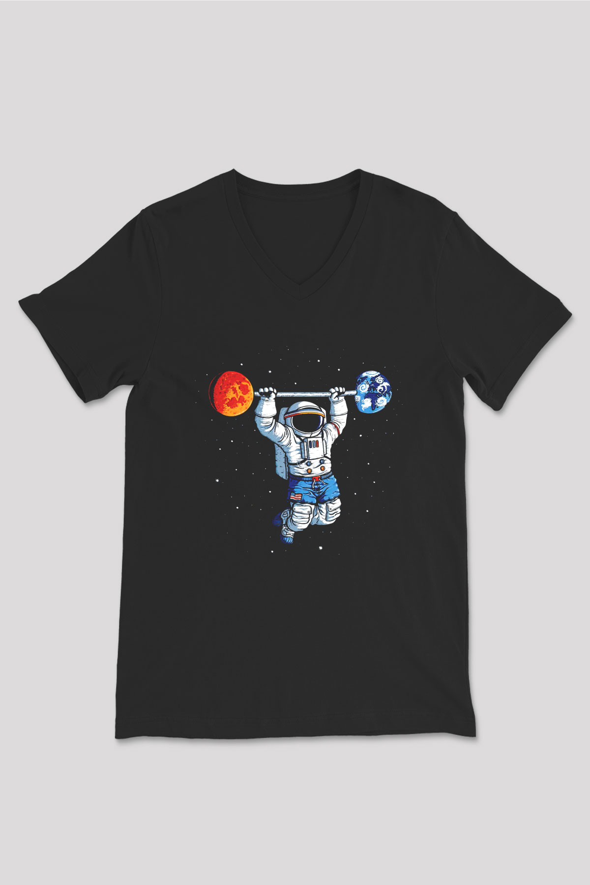 Astronot Siyah Unisex V Yaka Tişört T-Shirt